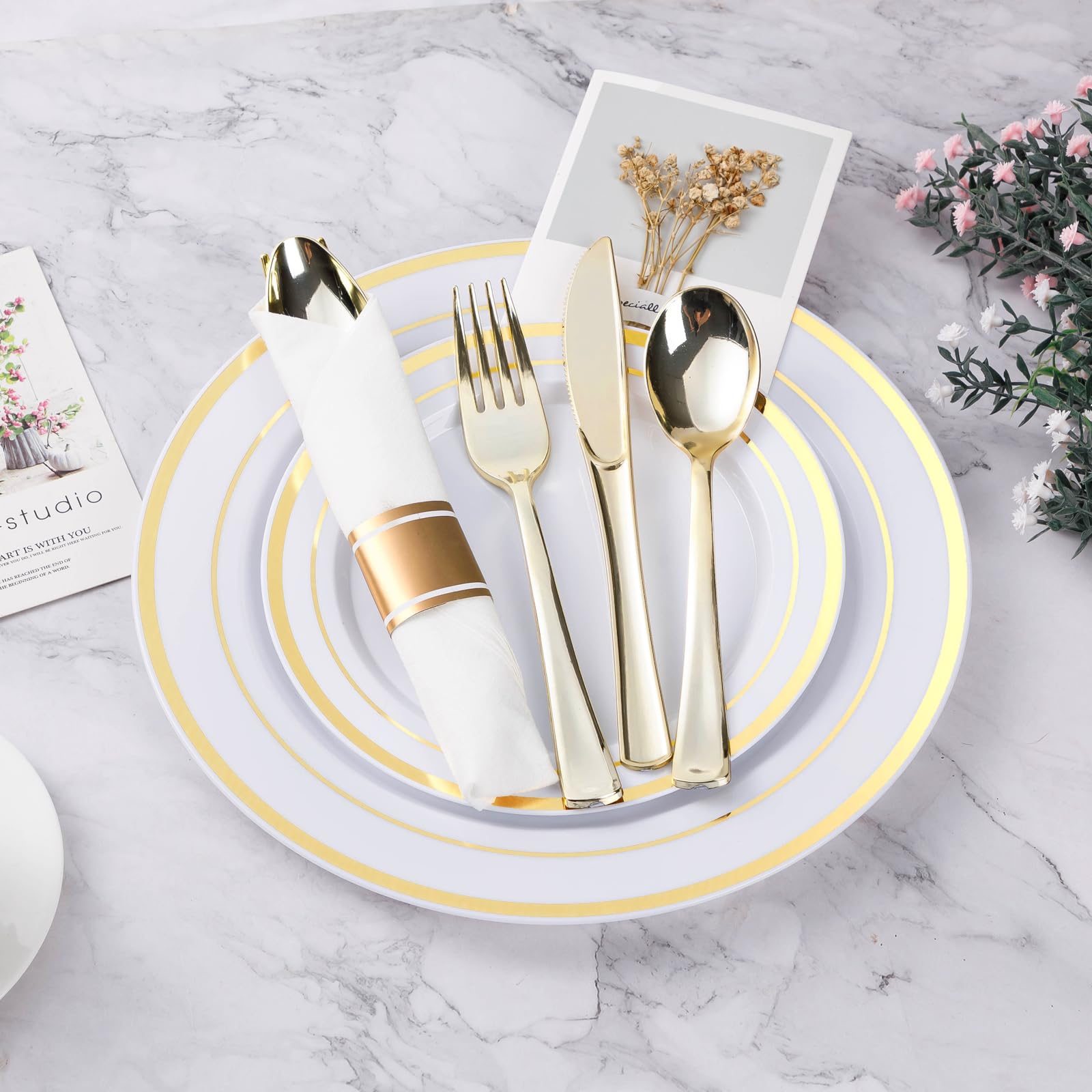 350PCS Gold Plastic Dinnerware Set, Disposable Party Plates for 50 Guests, Include: 100 Plastic Plates, 50 Pre Rolled Napkins with Gold Silverware, 50 Cups