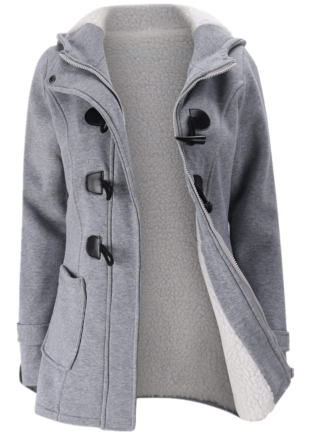 JiangWu Womens Fashion Horn Button Fleece Thicken Coat with Hood Winter Warm Jacket