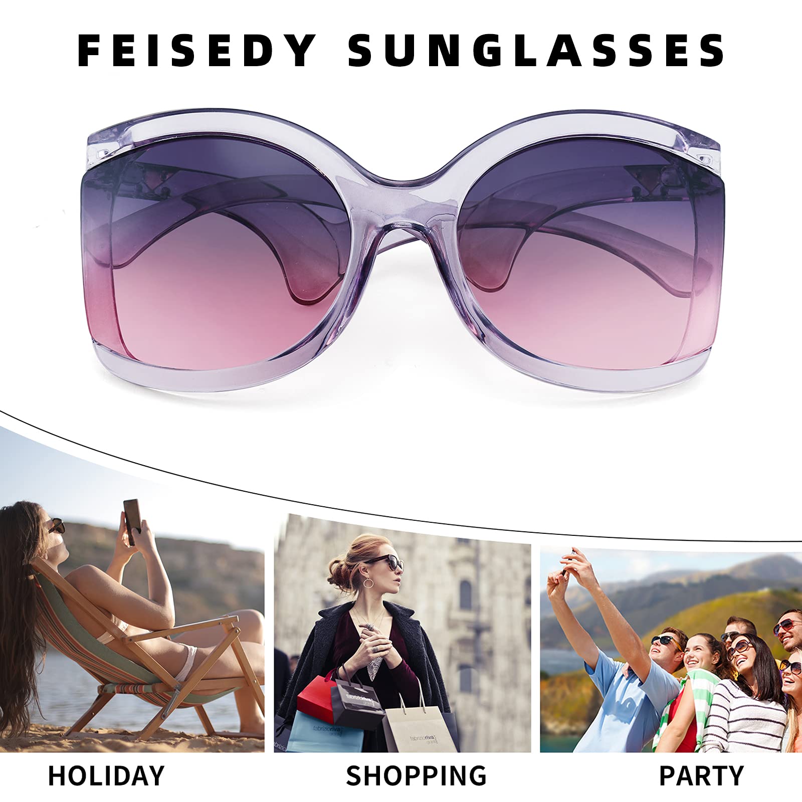 FEISEDY Oversized Square Butterfly Sunglasses Curved Curly Arm Frame Women's Fashion Shades B4035