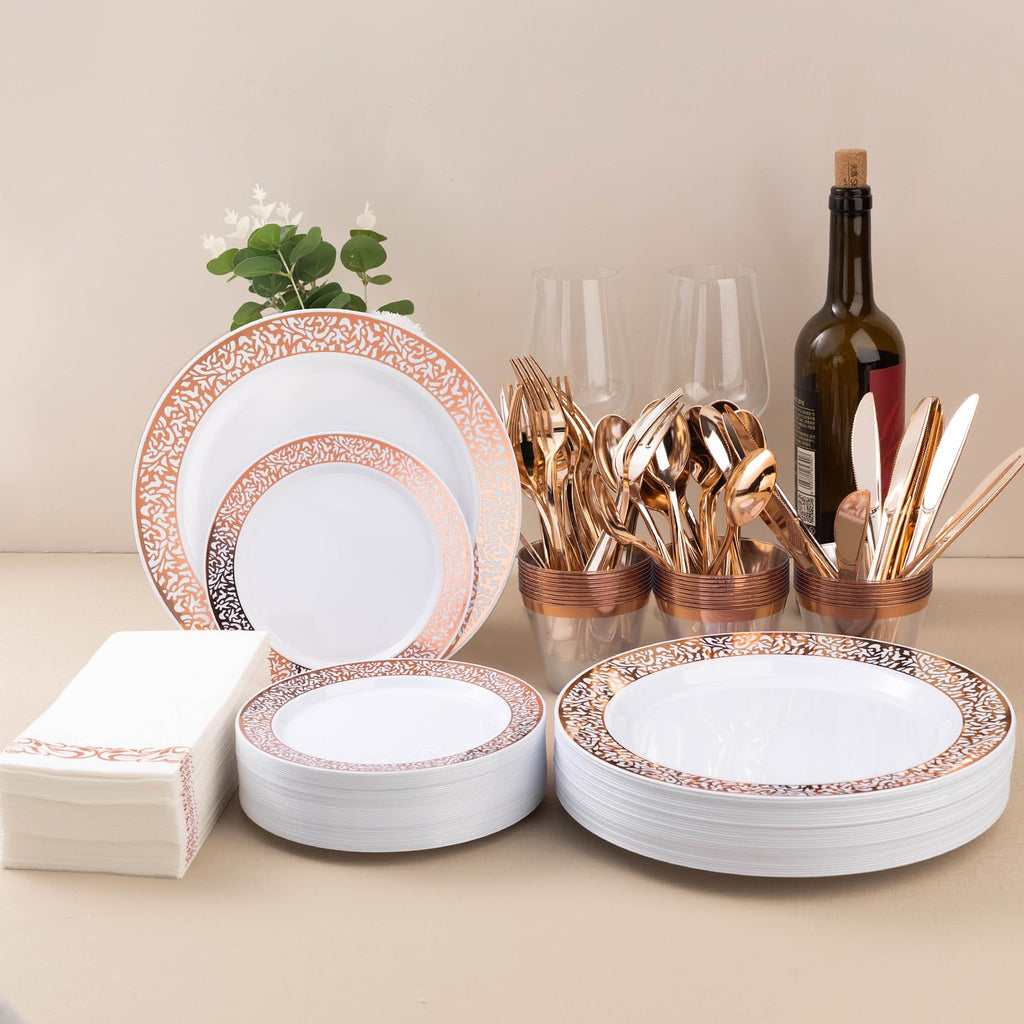 700PCS Gold Plastic Dinnerware Set for 100 Guests, Disposable Plates for Party, Include 100 Gold Dinner Plates, 100 Dessert Plates, 100 Set Silverware, 100 Cups, 100 Napkins