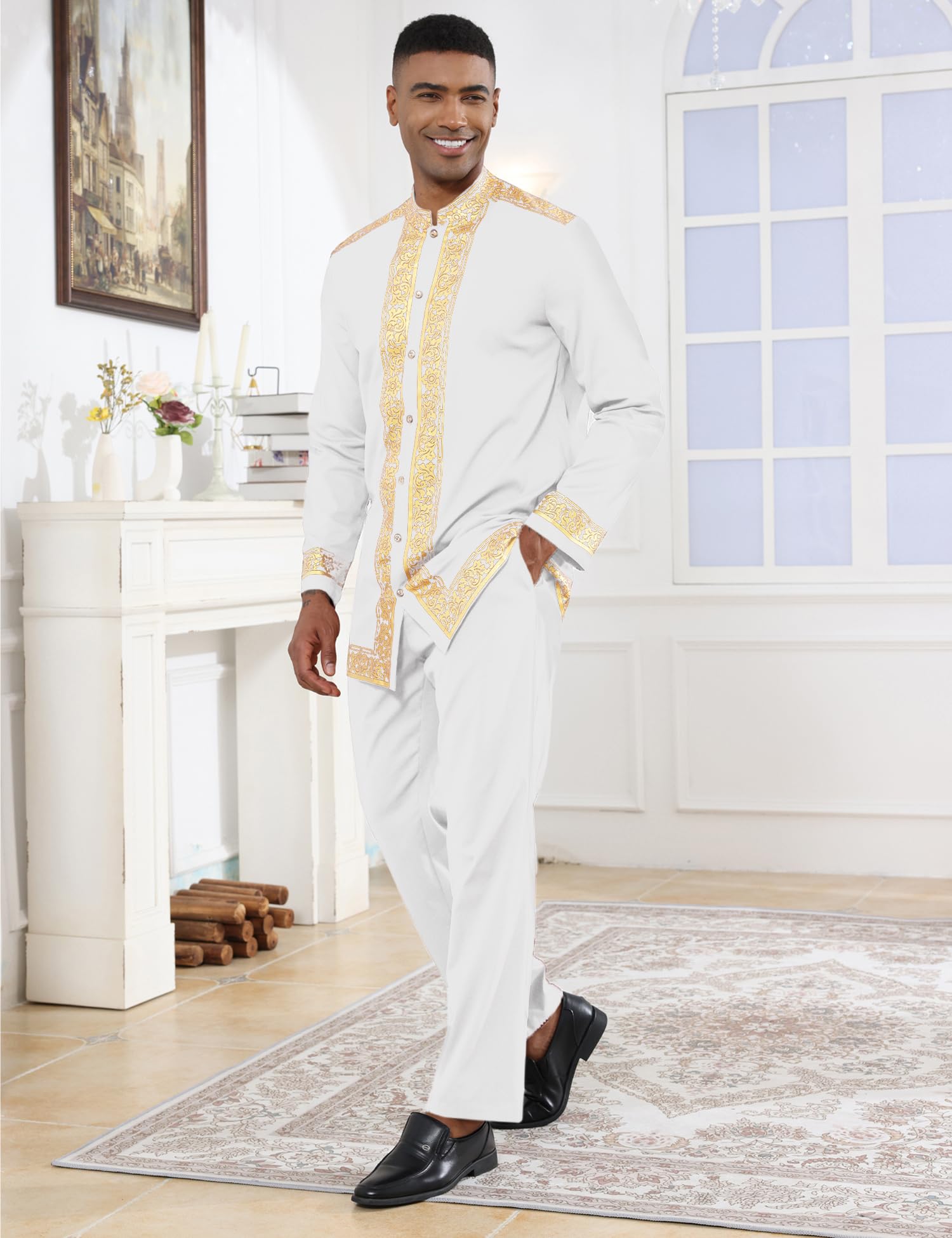 Mens African 2 Piece Set Nigerian Dashiki Metallic Traditional Suit Gold Stamp Printed Shirt and Pants Outfit