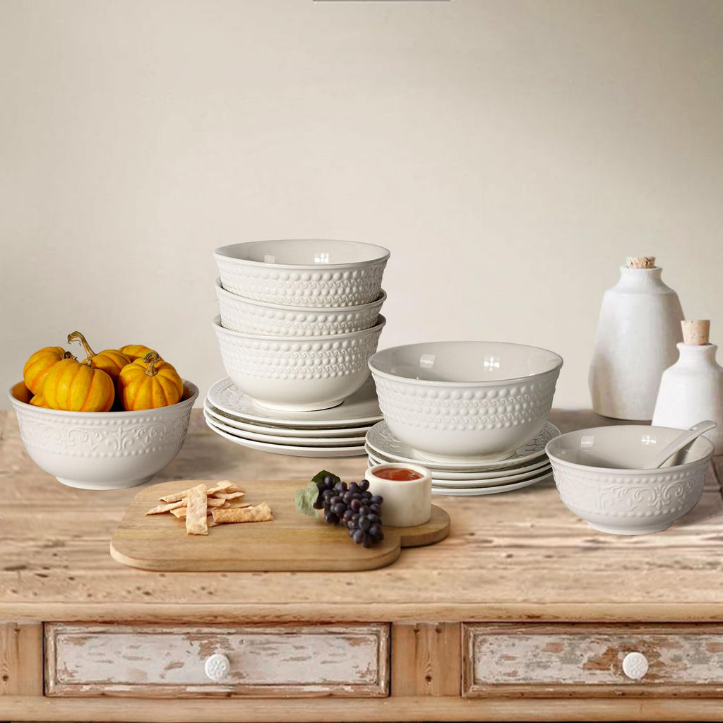 Large Salad Bowls Set of 4, 60oz White Serving Bowls Deep Deep Embossed Ceramic Mixing Bowl for Soup Kitchen, Eating, Ramen, Pasta, Dishwasher & Microwave Safe 8 inch (Multiple Patterns)