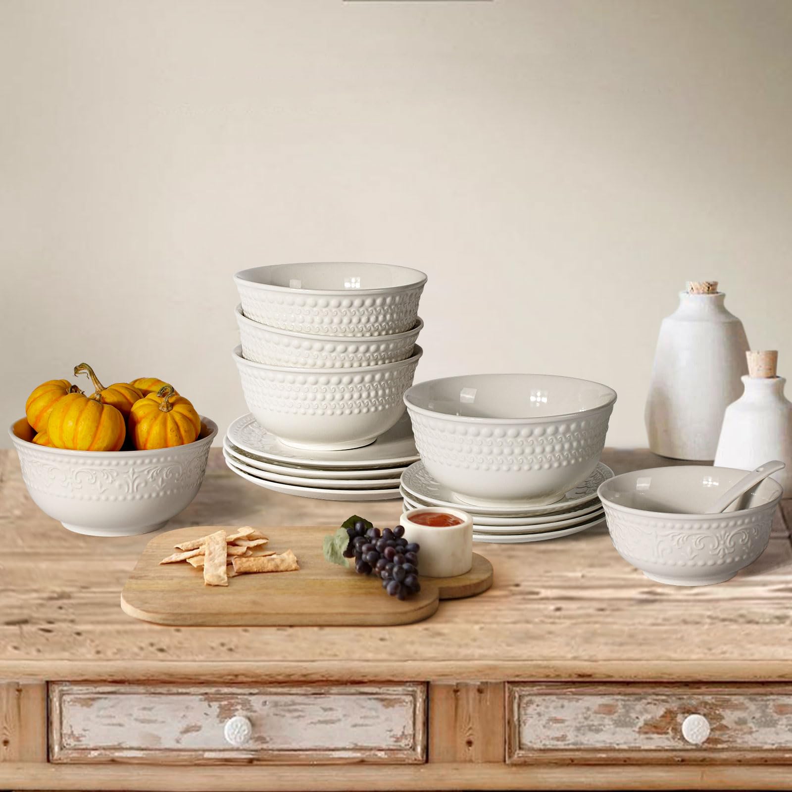 Large Salad Bowls Set of 4, 60oz White Serving Bowls Deep Deep Embossed Ceramic Mixing Bowl for Soup Kitchen, Eating, Ramen, Pasta, Dishwasher & Microwave Safe 8 inch (Multiple Patterns)