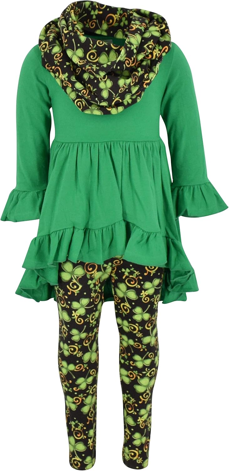 Unique Baby Girls Kids Toddler 3pc Outfit Set Long Sleeve Cotton Blend Tunic Top Leggings and Scarf