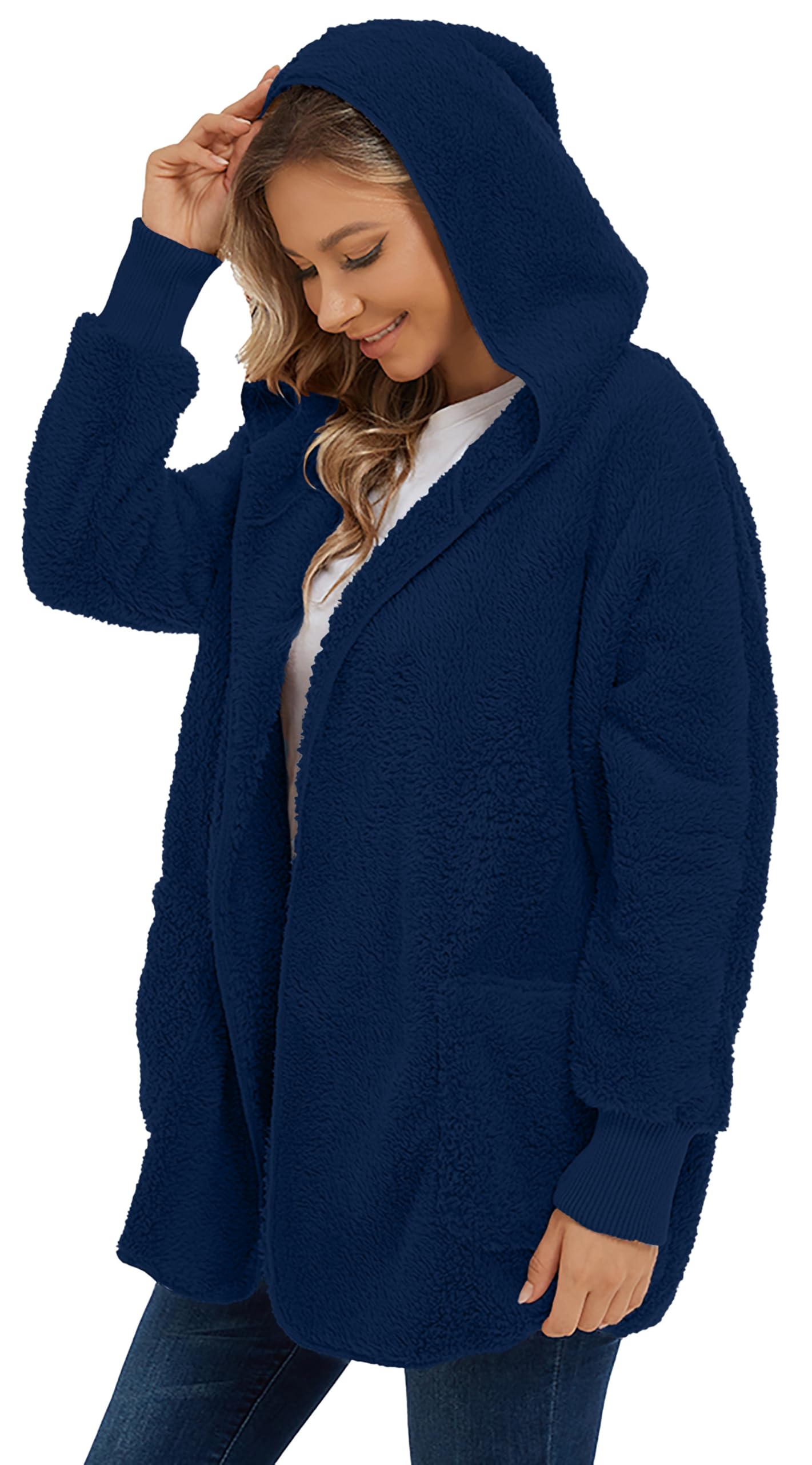 CHICGAL Womens Fuzzy Jacket Hooded Cardigan Open Front Sherpa Coat Outwear with Pockets