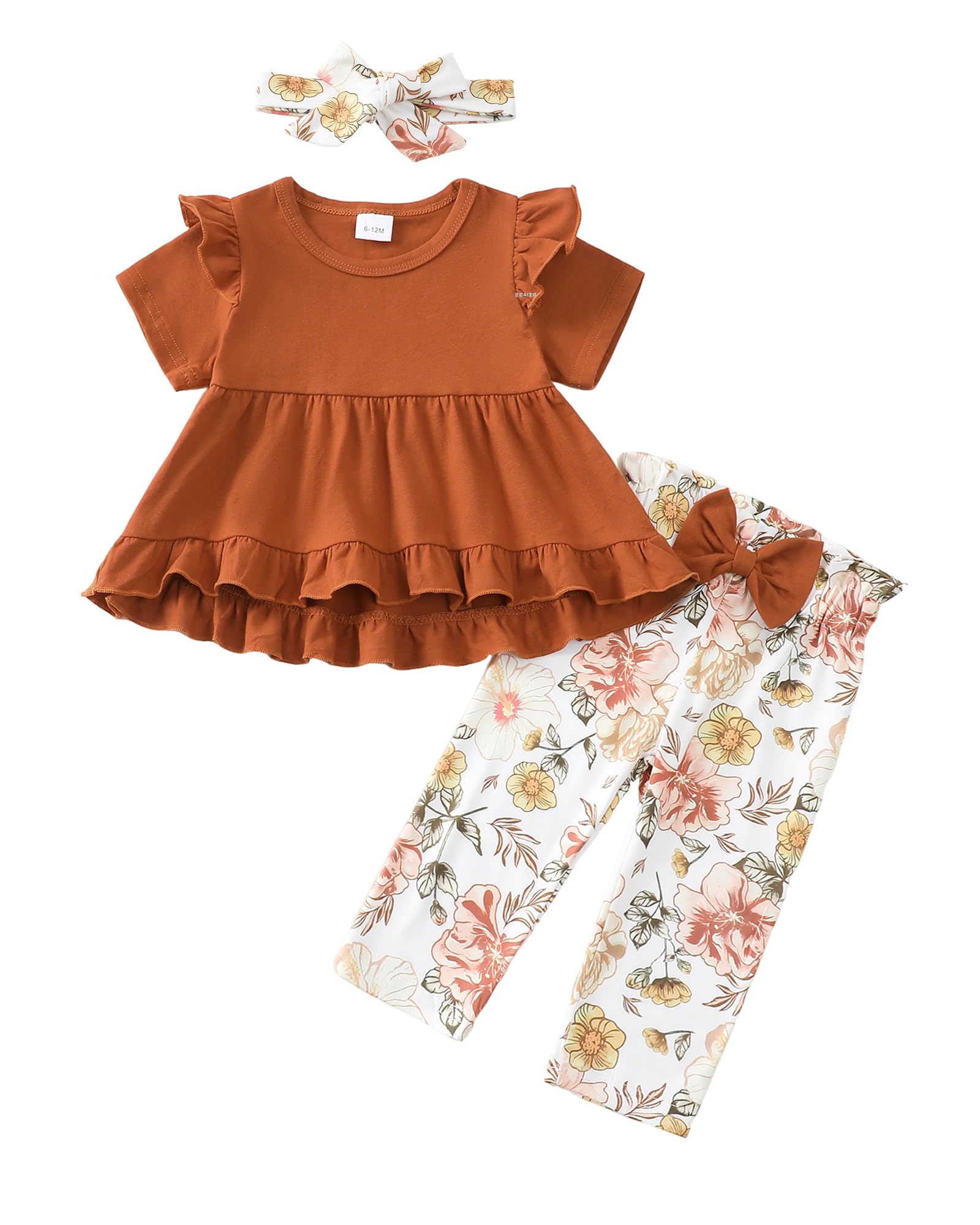 Kucnuzki Baby Girl Clothes Toddler Girl Outfit Ruffle Sleeve Shirt Floral Pant Set Fall Winter Clothing for Girl