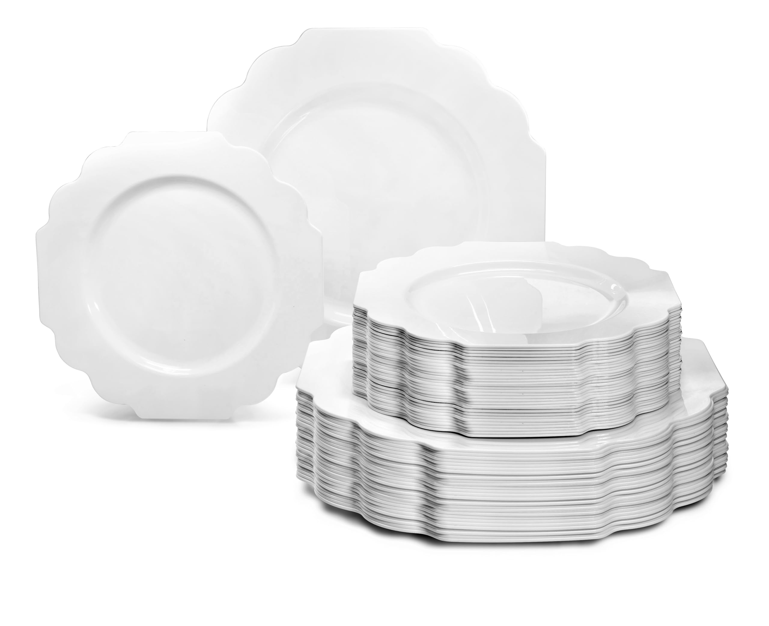 " OCCASIONS " 50 Plates Pack (25 Guests)-Heavyweight Wedding Party Disposable Plastic Plate Set -(25x10.5'' Dinner + 25x8'' Salad/Dessert) (Imperial White & Gold)