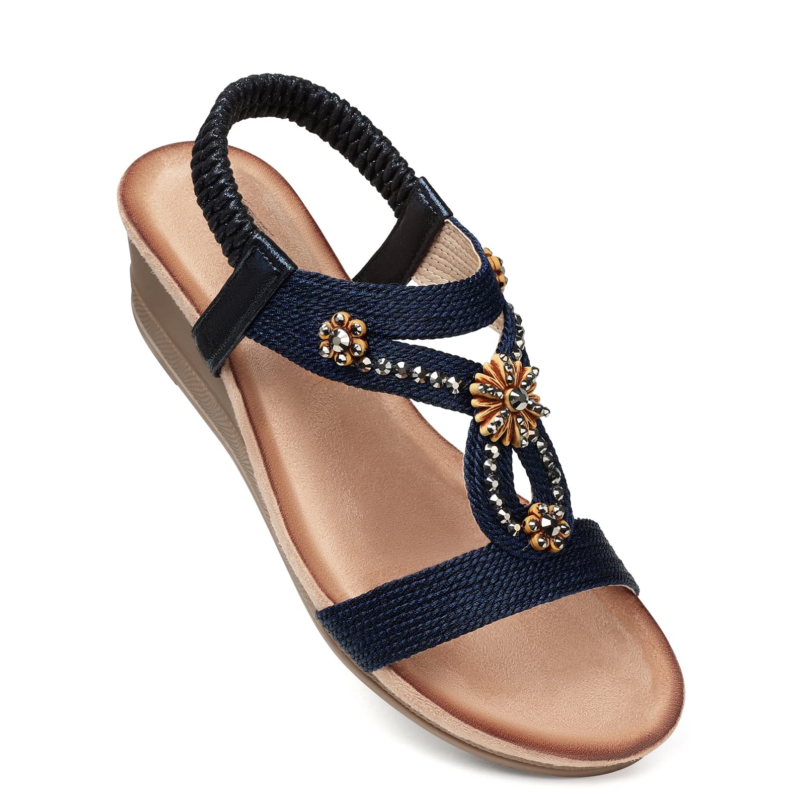 SHIBEVER Womens Wedge Sandals Flower Low Heel Dressy Sandals Elastic Ankle Strap Rhinestone Summer Comfortable Shoe