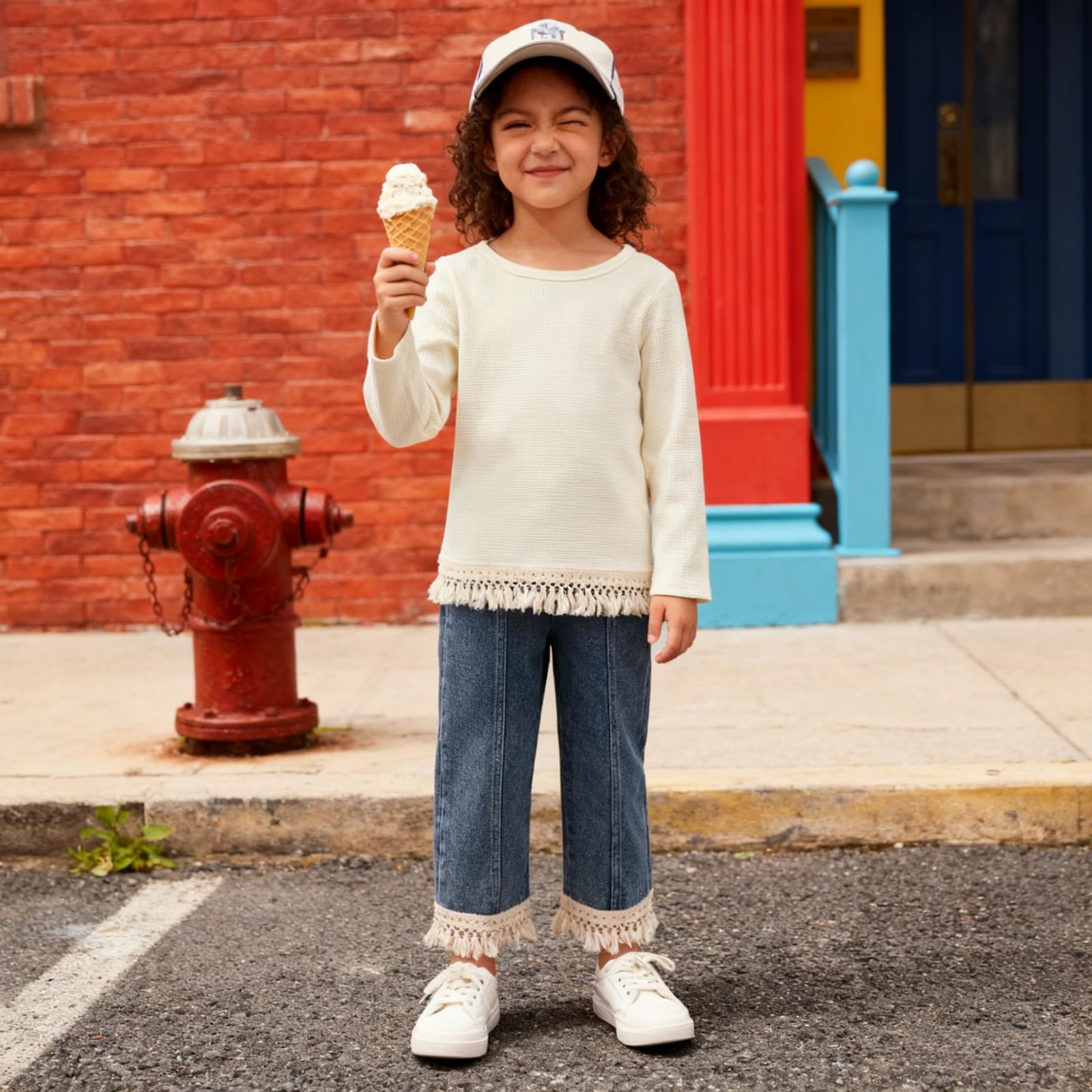 3-7 Years Toddler Girls Pants Set - Tassel Top & Washed Denim Pants Fall Winter Clothing Outfits Set for Girls