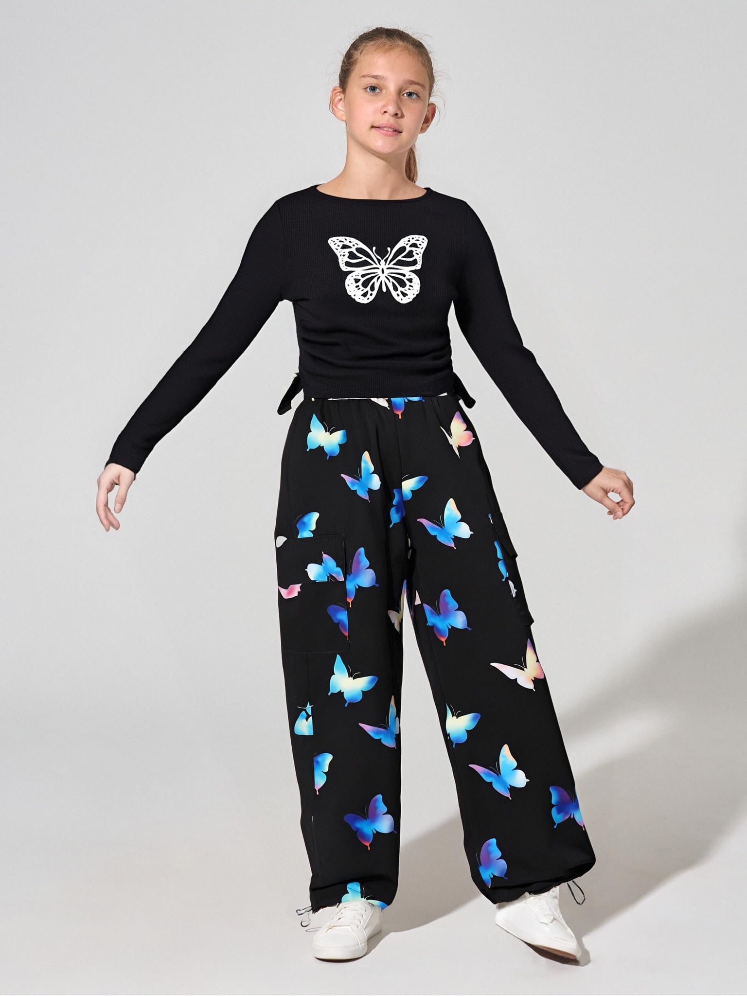 Girls Clothes Tween Girl Clothing Long Sleeve Ruched Drawstring Ribbed Knit Top Camo Cargo Pants Fall Winter Outfits