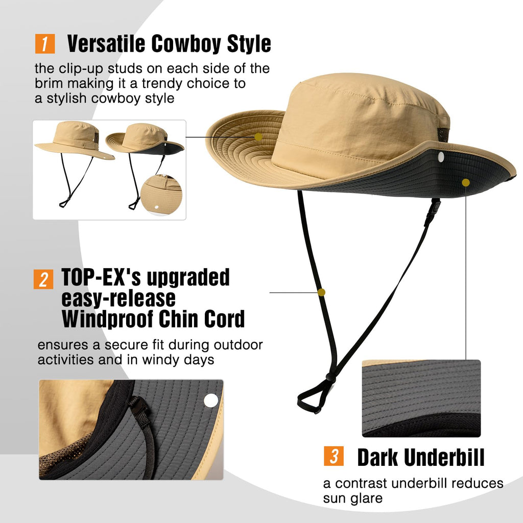 TOP-EX L/XL/XXL UV50+ Waterproof Wide Brim Bucket Sun Hat for Summer Fishing Hiking w/Detachable Strap & Vented Mesh