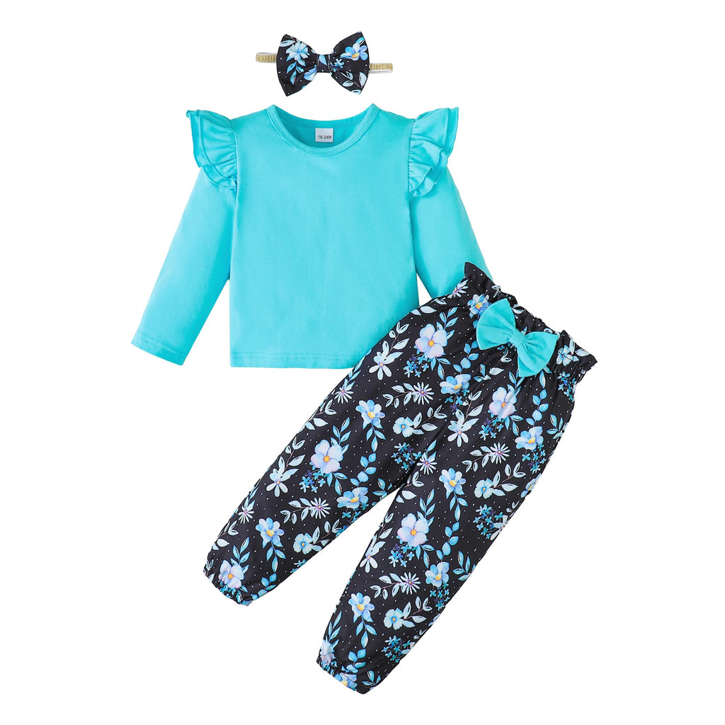 YALLET 3Pcs Toddler Girl Clothes Solid Color Long Sleeves Ruffle Top+Floral Pants+Headband 1-6 Years Fall/Winter Outfits Set
