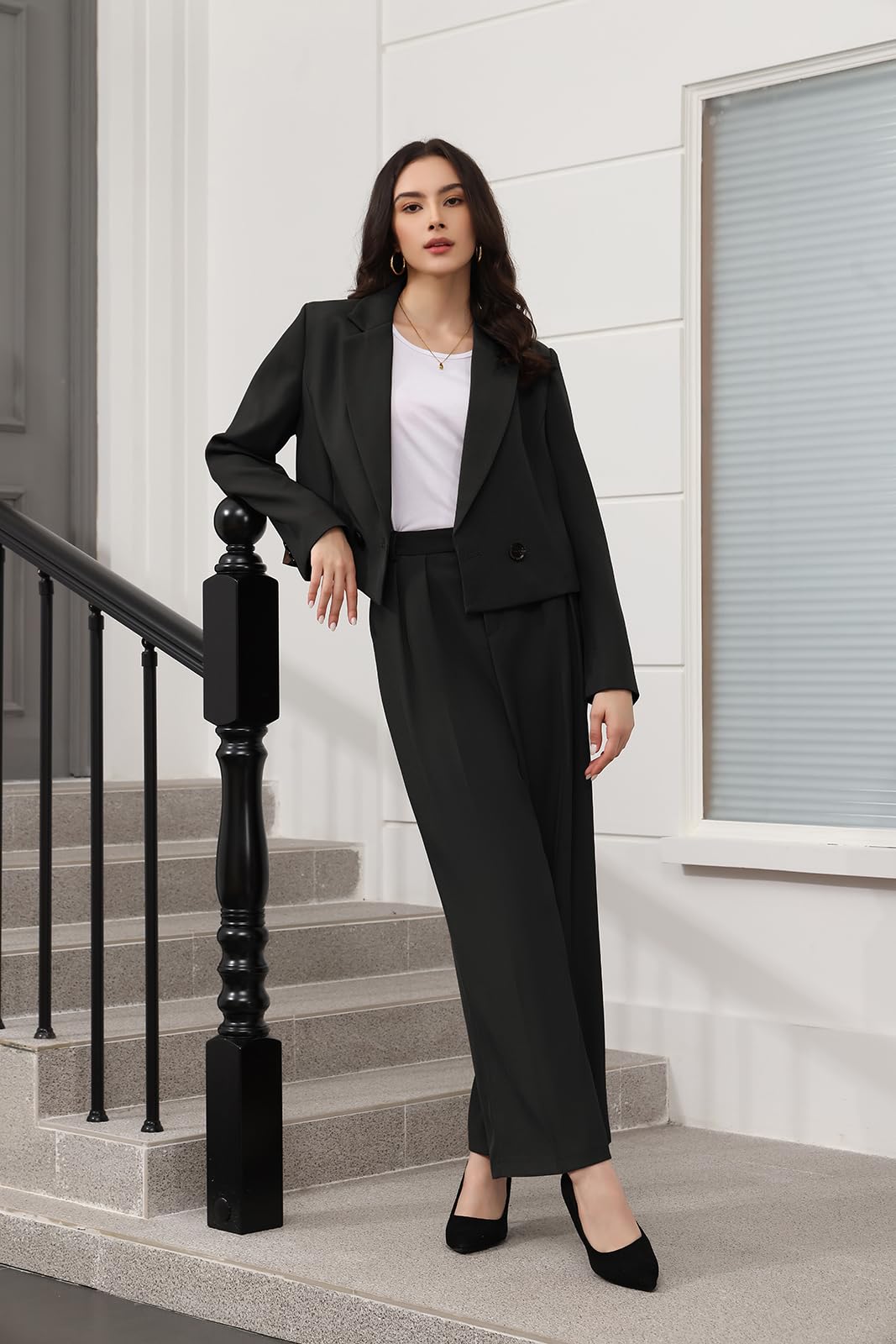 Lamgool Women's Suit 2 Piece Casual Outfits Cropped Blazer High Waisted Wide Leg Pants for Work
