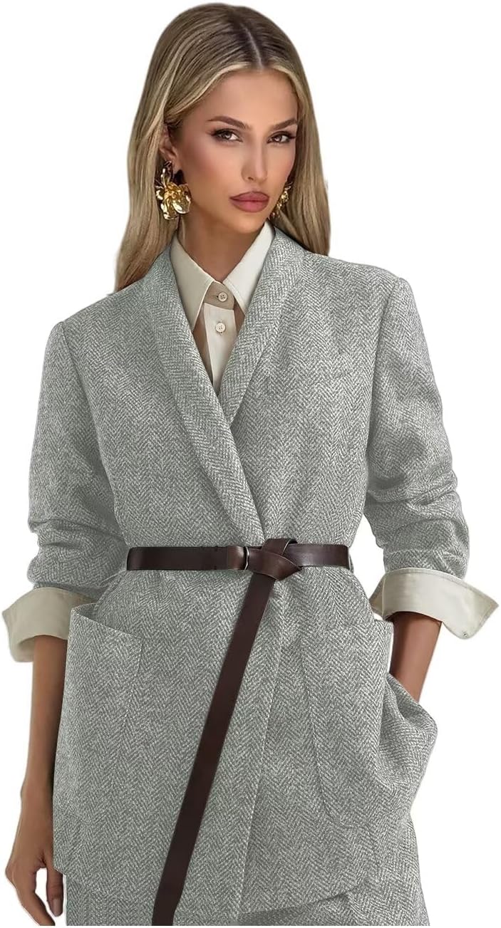 Tweed Suits for Women Dressy 2 Piece Herringbone Blazer and Pants with Belt Shawl Lapel Business Casual Outfits