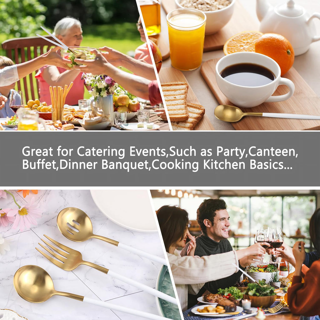 Gold Stainless Steel Serving Utensils Set, 5 Pcs - 10.8 Inch Serving Fork, 10.3 Inch Slotted Spoon, Sugar Spoon, Butter Knife for Buffet