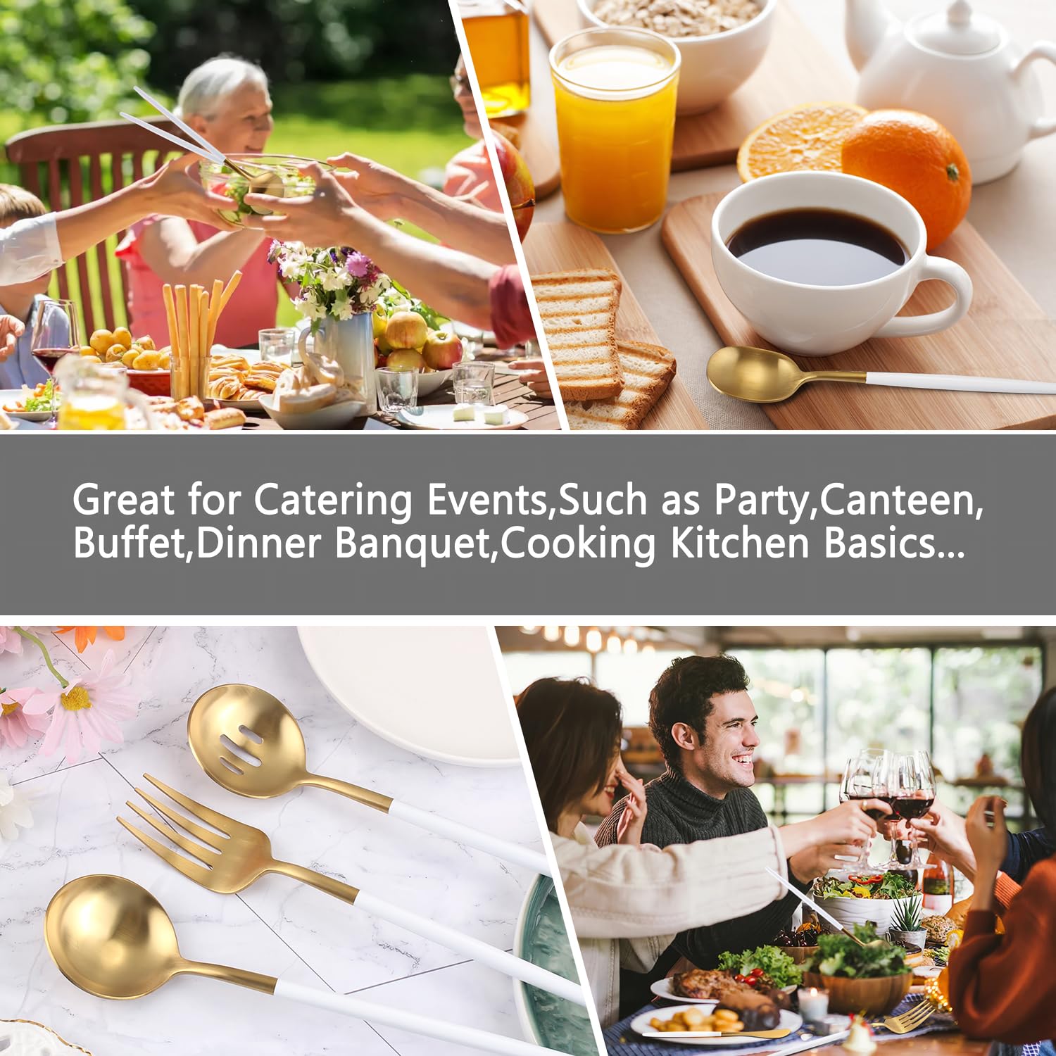 Gold Stainless Steel Serving Utensils Set, 5 Pcs - 10.8 Inch Serving Fork, 10.3 Inch Slotted Spoon, Sugar Spoon, Butter Knife for Buffet