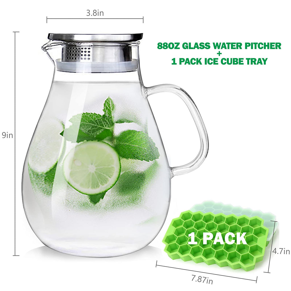 88OZ Glass Pitcher with Lid and Spout - High Heat Resistance Pitcher for Hot/Cold Water & Iced Tea (2.6L)