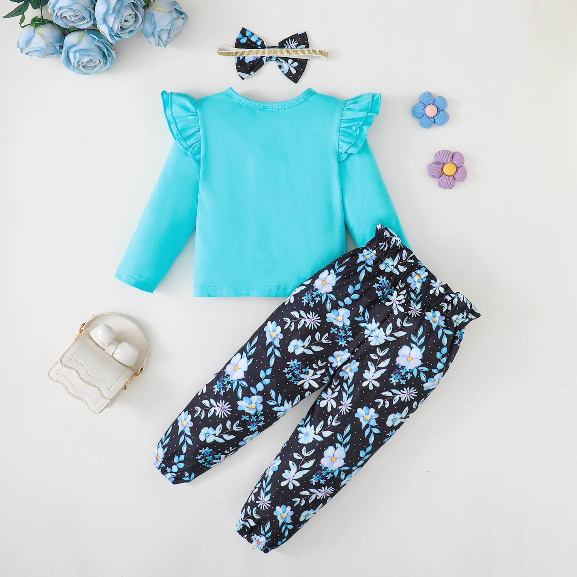 YALLET 3Pcs Toddler Girl Clothes Solid Color Long Sleeves Ruffle Top+Floral Pants+Headband 1-6 Years Fall/Winter Outfits Set