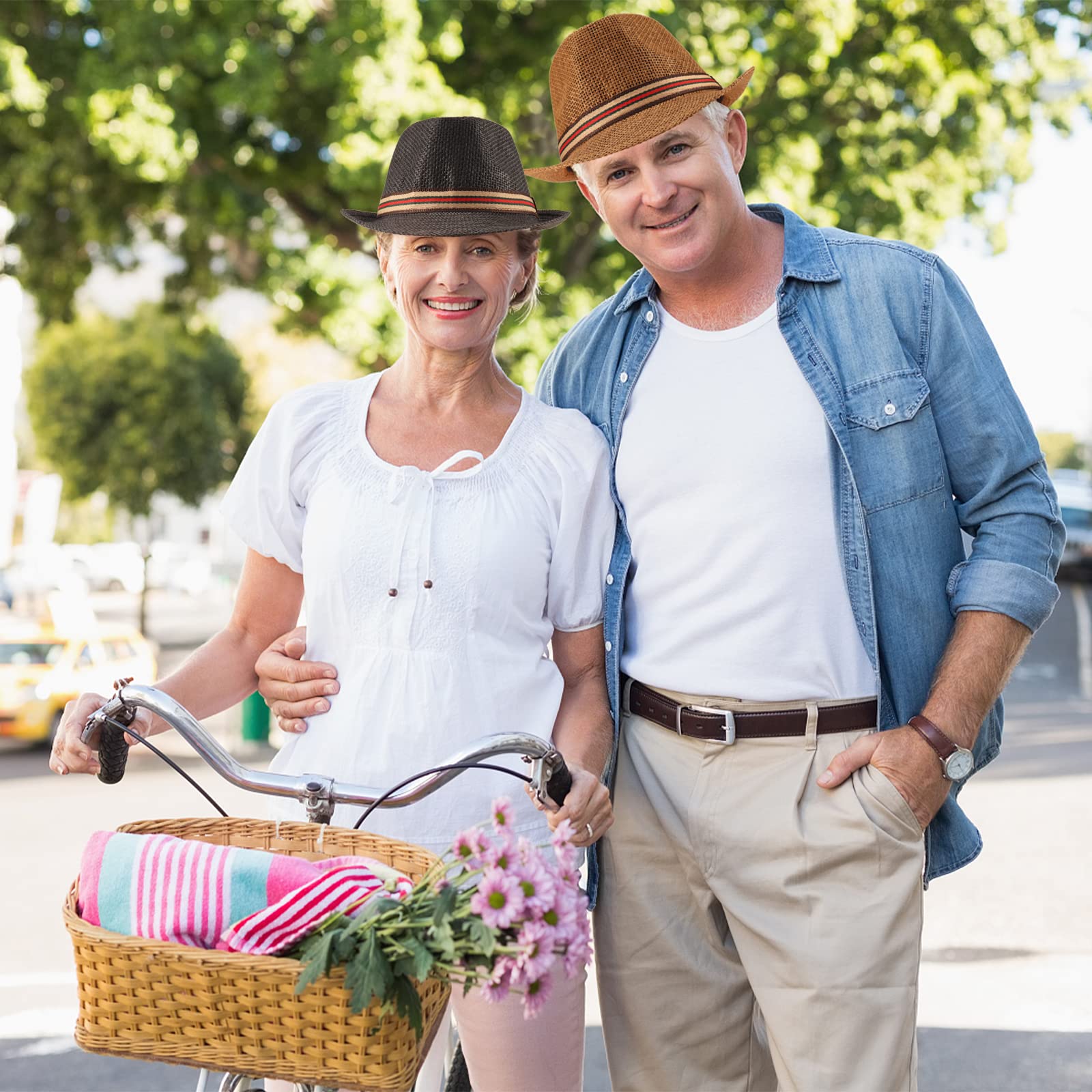 Forwe 4 Pack Straw Fedora Hat for Men Women Short Brim Trilby Hat Classic Panama Summer Beach Sun Hat