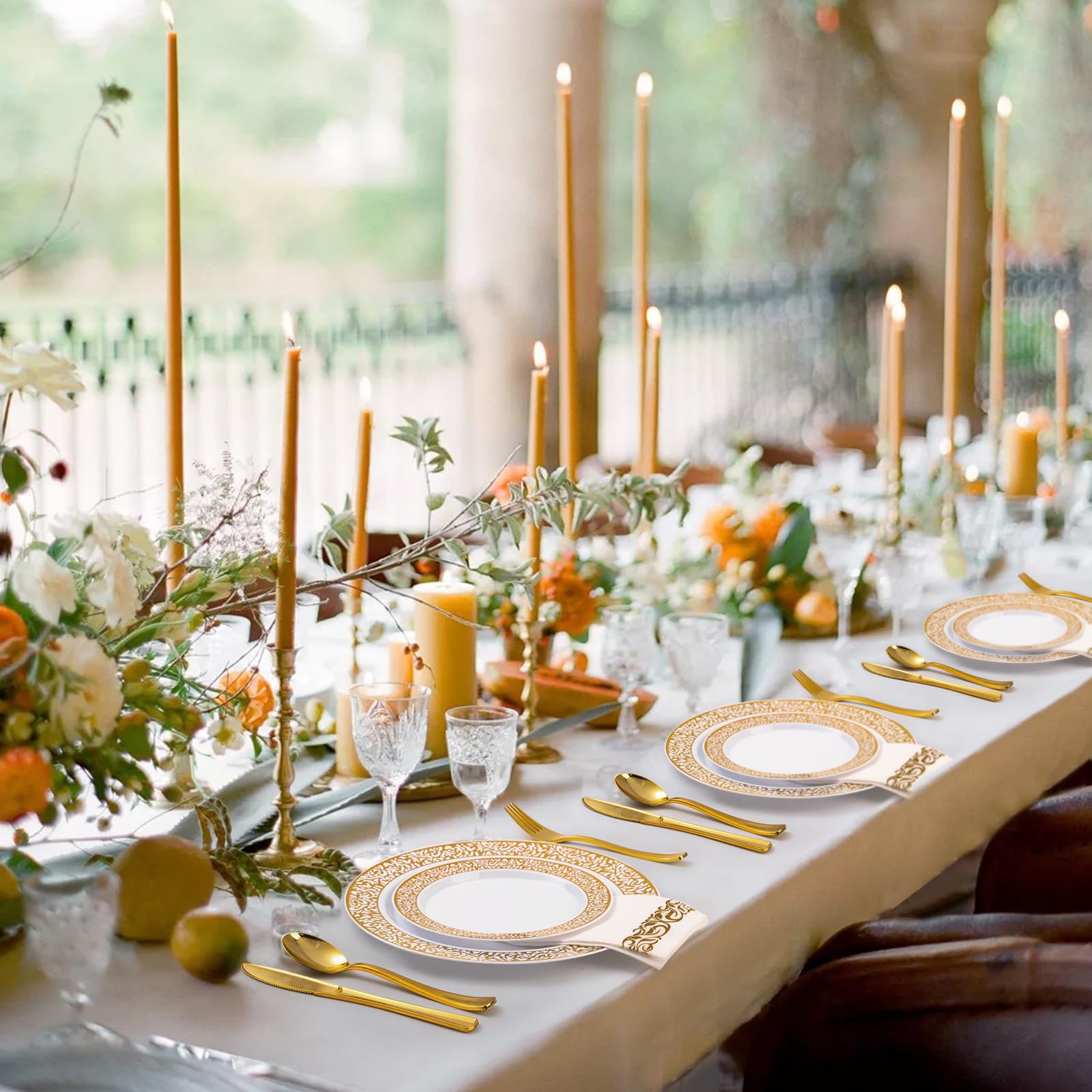 700PCS Gold Plastic Dinnerware Set for 100 Guests, Disposable Plates for Party, Include 100 Gold Dinner Plates, 100 Dessert Plates, 100 Set Silverware, 100 Cups, 100 Napkins