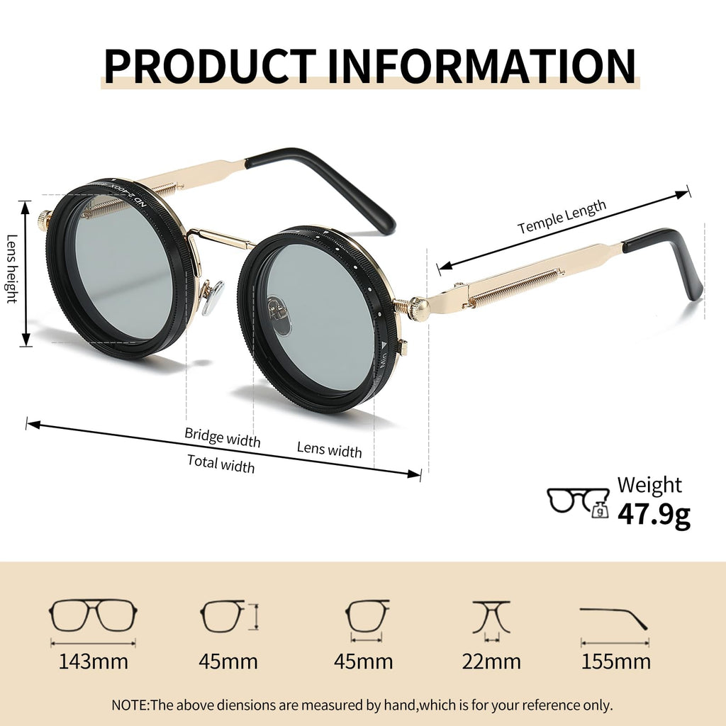Adjustable Tint Sunglasses, 1-9 Gears Steampunk Retro Metal Round Polarized Glasses with ND Filter Lenses