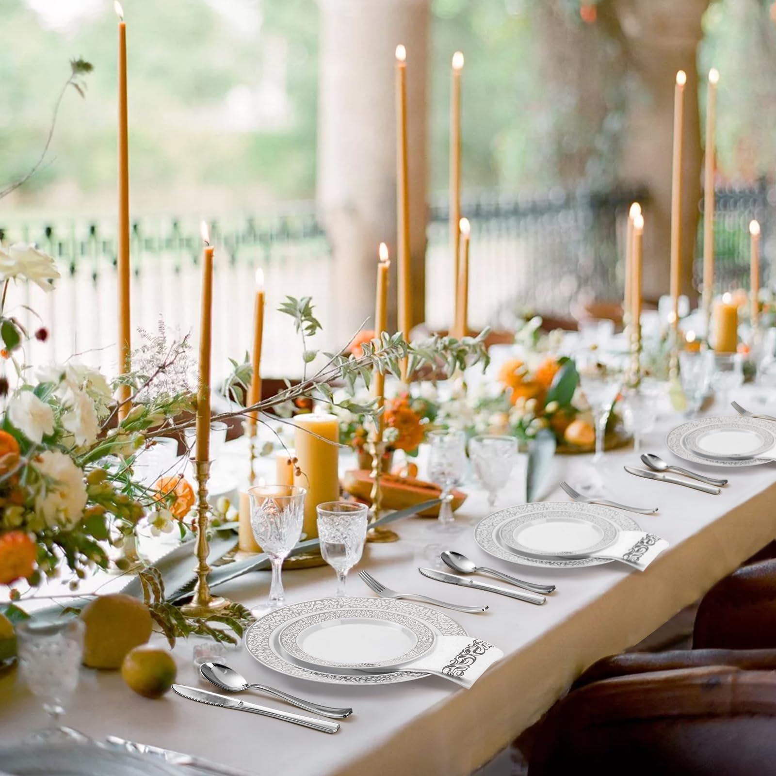 700PCS Gold Plastic Dinnerware Set for 100 Guests, Disposable Plates for Party, Include 100 Gold Dinner Plates, 100 Dessert Plates, 100 Set Silverware, 100 Cups, 100 Napkins