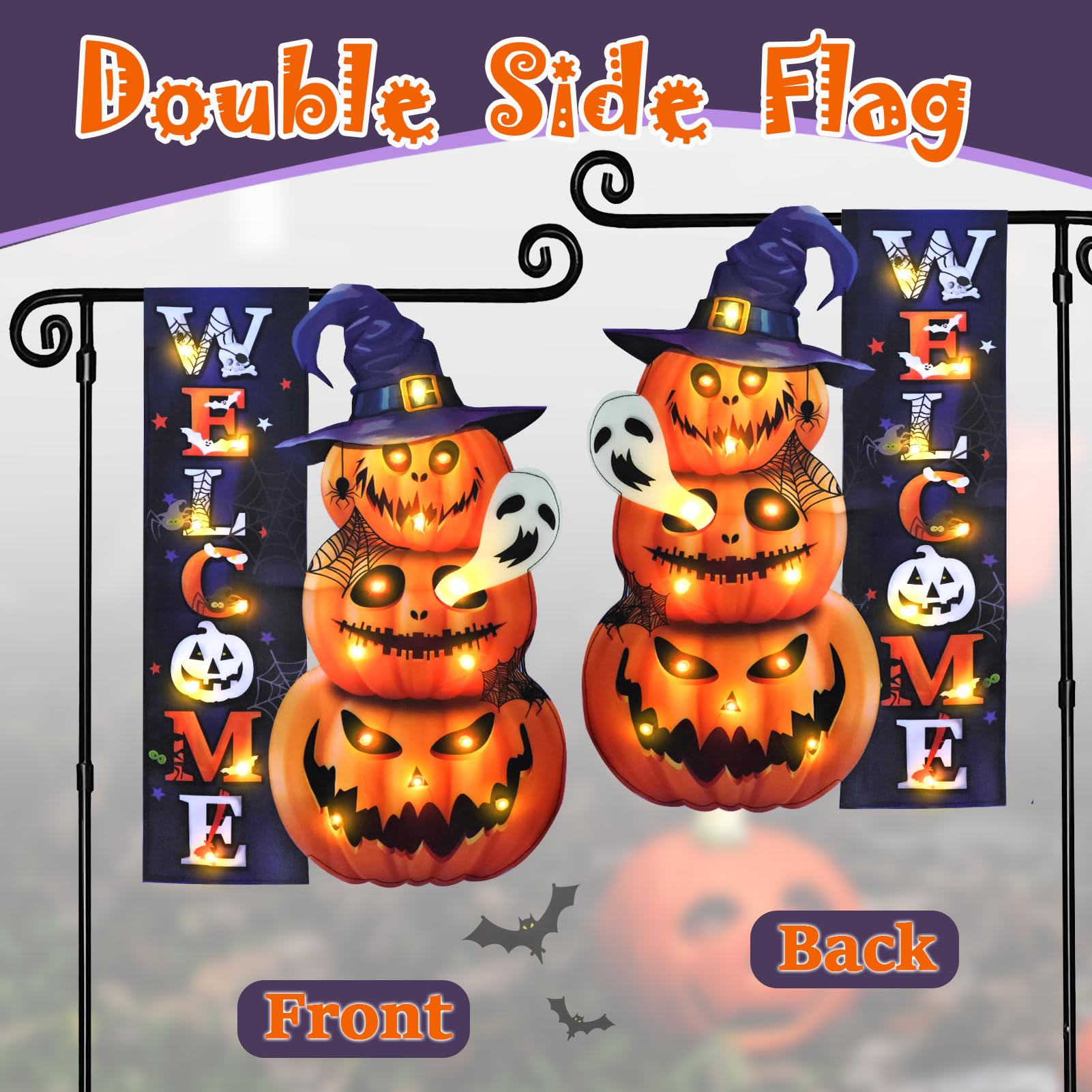 Halloween Lighted Garden Flag for Outside, Led Solar Yard Flag 8 Modes Witch Feet Shape Flag, 12x18 Double Sided Cauldron Eyeball Black Cat Decorations for Home Porch
