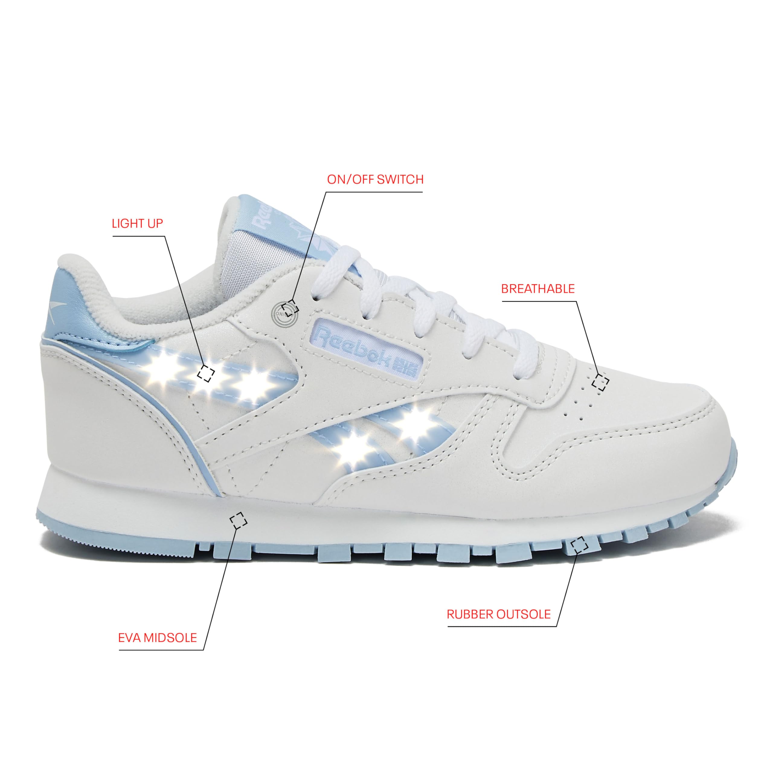 Reebok Classic Leather Step N Flash 2.0 LED Light Up Boys and Girls Sneakers, Lightweight Tennis or Athletic Shoes, Little Kids and Toddler Size 11-3