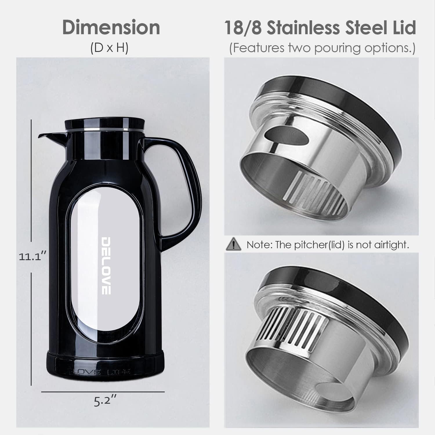 Delove 68 oz/2 Liter Glass Pitcher with Shatterproof Shell - Heat Resistant Glass Liner - Stainless Steel Lid - Carafe & Jug for Iced Tea,Hot/Cold Water,Homemade Juice Beverages (Black)