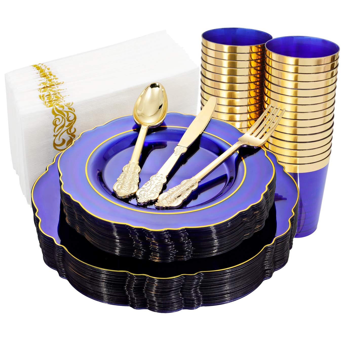 KIRE 150PCS Thanksgiving Plates Dinnerware Pumpkins - Plastic Thanksgiving Plates with Gold Silverware Include 25 for Dinner 25 for Salad 25Forks 25Knives 25Spoons 25Gold Cups