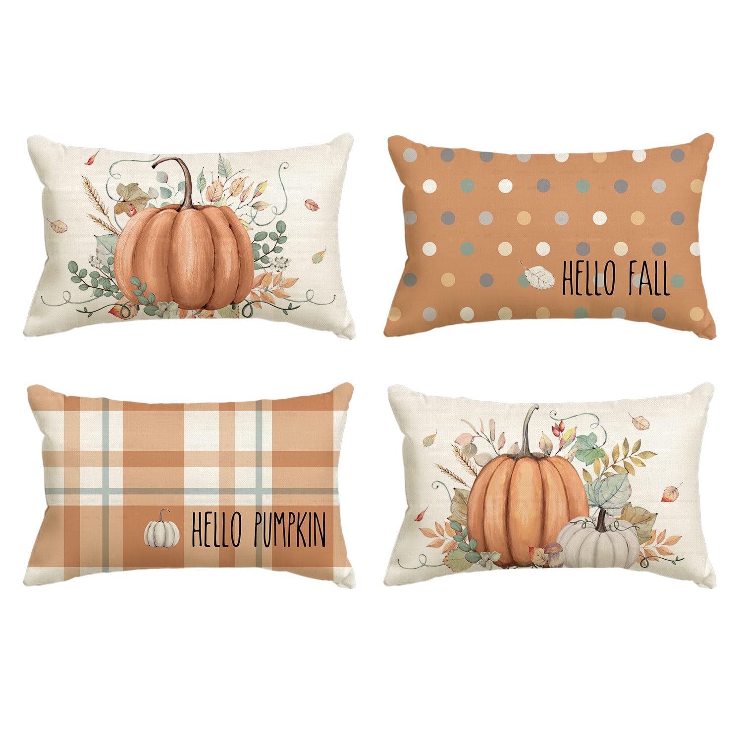 AVOIN colorlife Hello Fall Hello Pumpkin Throw Pillow Covers, 18 x 18 Inch Autumn Thanksgiving Harvest Orange Eucalyptus Decorations for Sofa Couch Set of 4