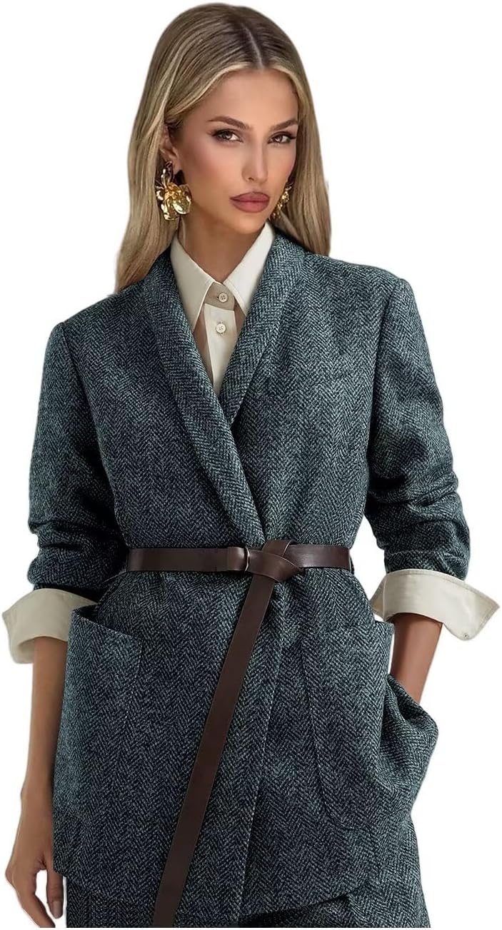 Tweed Suits for Women Dressy 2 Piece Herringbone Blazer and Pants with Belt Shawl Lapel Business Casual Outfits
