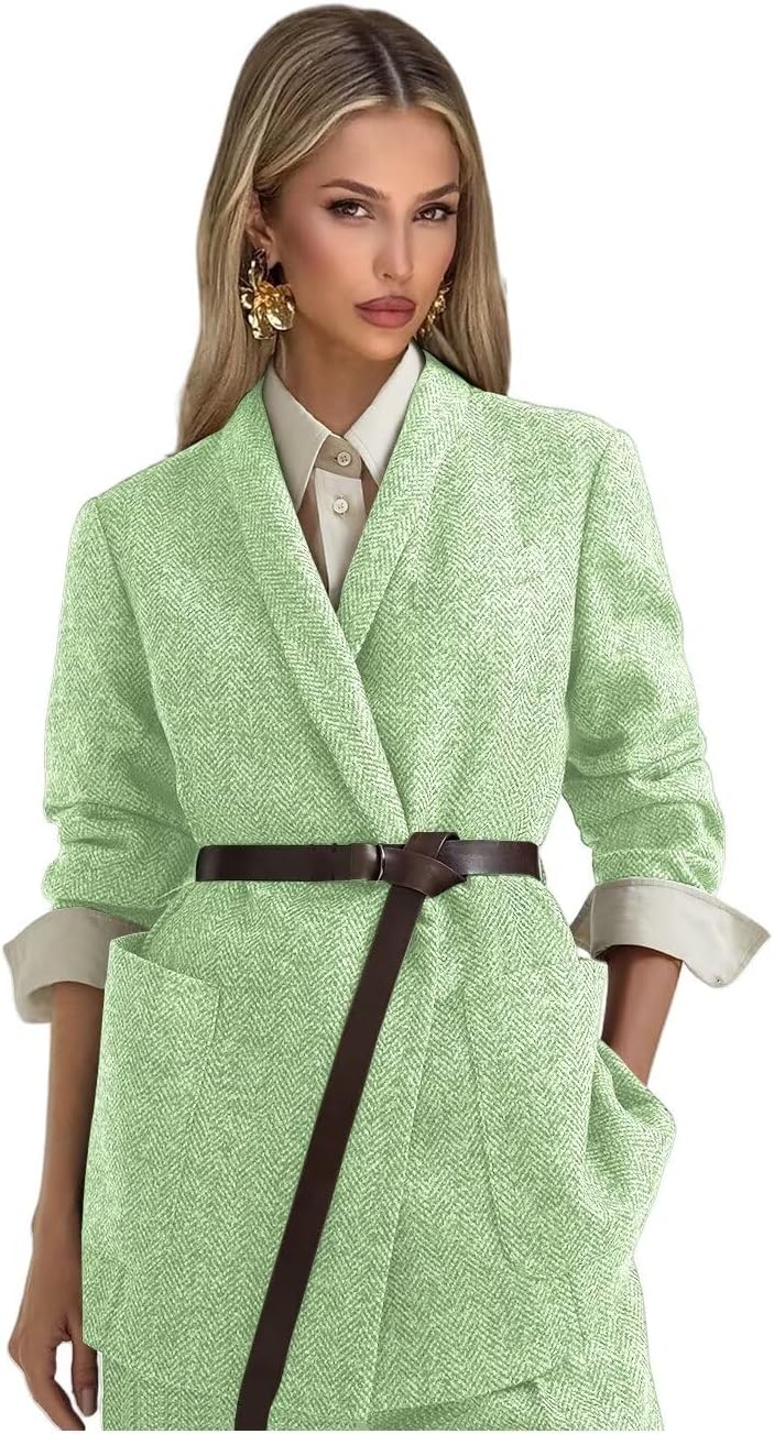 Tweed Suits for Women Dressy 2 Piece Herringbone Blazer and Pants with Belt Shawl Lapel Business Casual Outfits