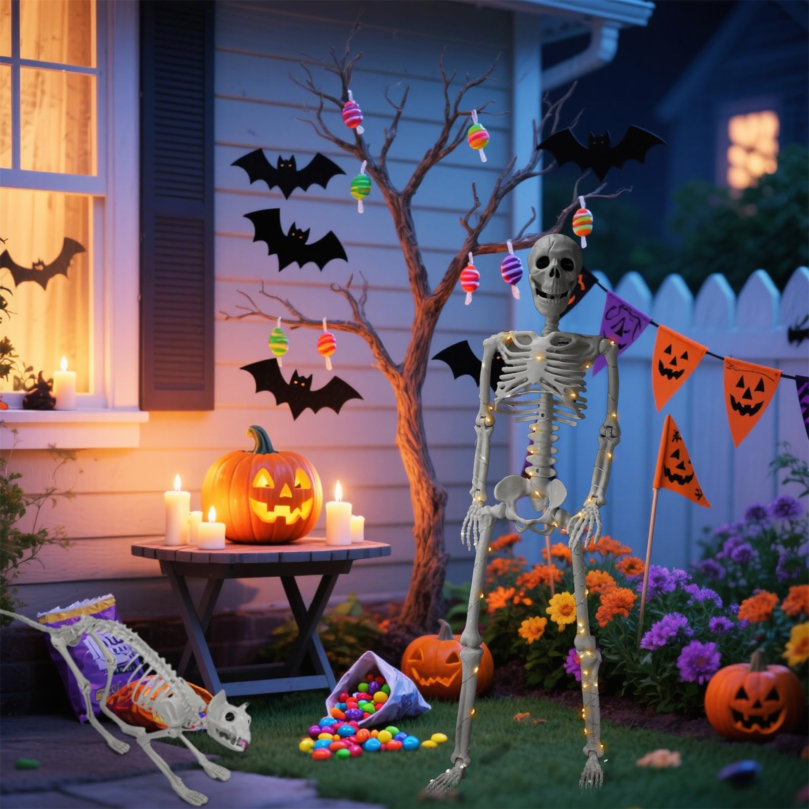 Lighted Human & Dog Skeleton Halloween Decorations Outdoor/Indoor - 36 Inch Realistic Full Body Movable Posable Skeleton Spooky Halloween Decor for Garden Yard Porch Indoor Party Haunted Graveyard