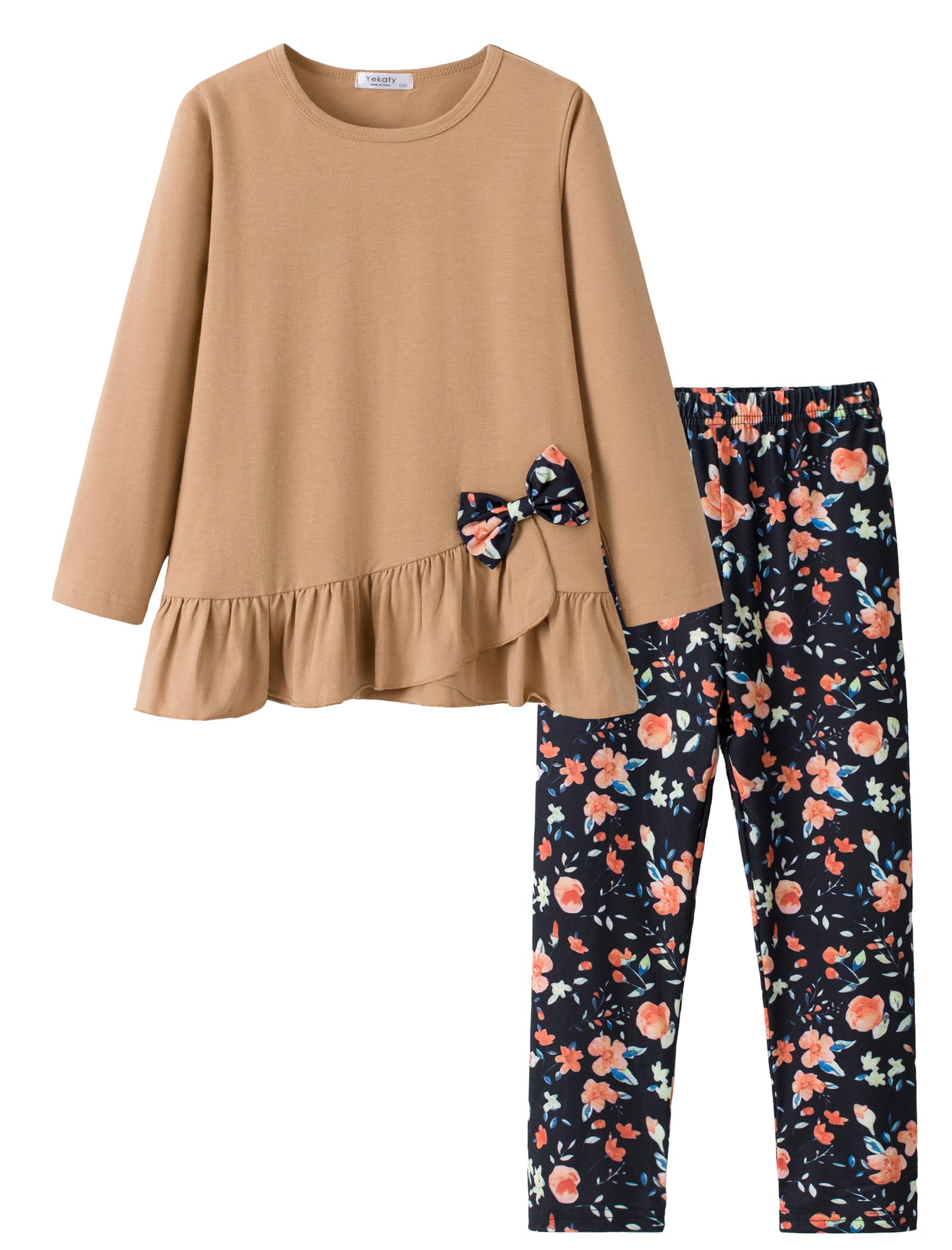 Yekaty Girls Clothing Set 2 Pcs Floral Soft Crewneck Long Sleeve Top+Leggings Loose Outfits With Bowknot