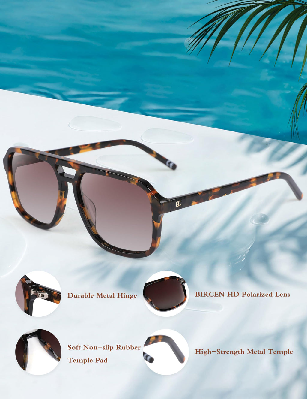 BIRCEN Women Polarized Acetate Sunglasses: Fashion Square Aviator Shades UV Protection for Trendy Laides Travel Beach Outdoor