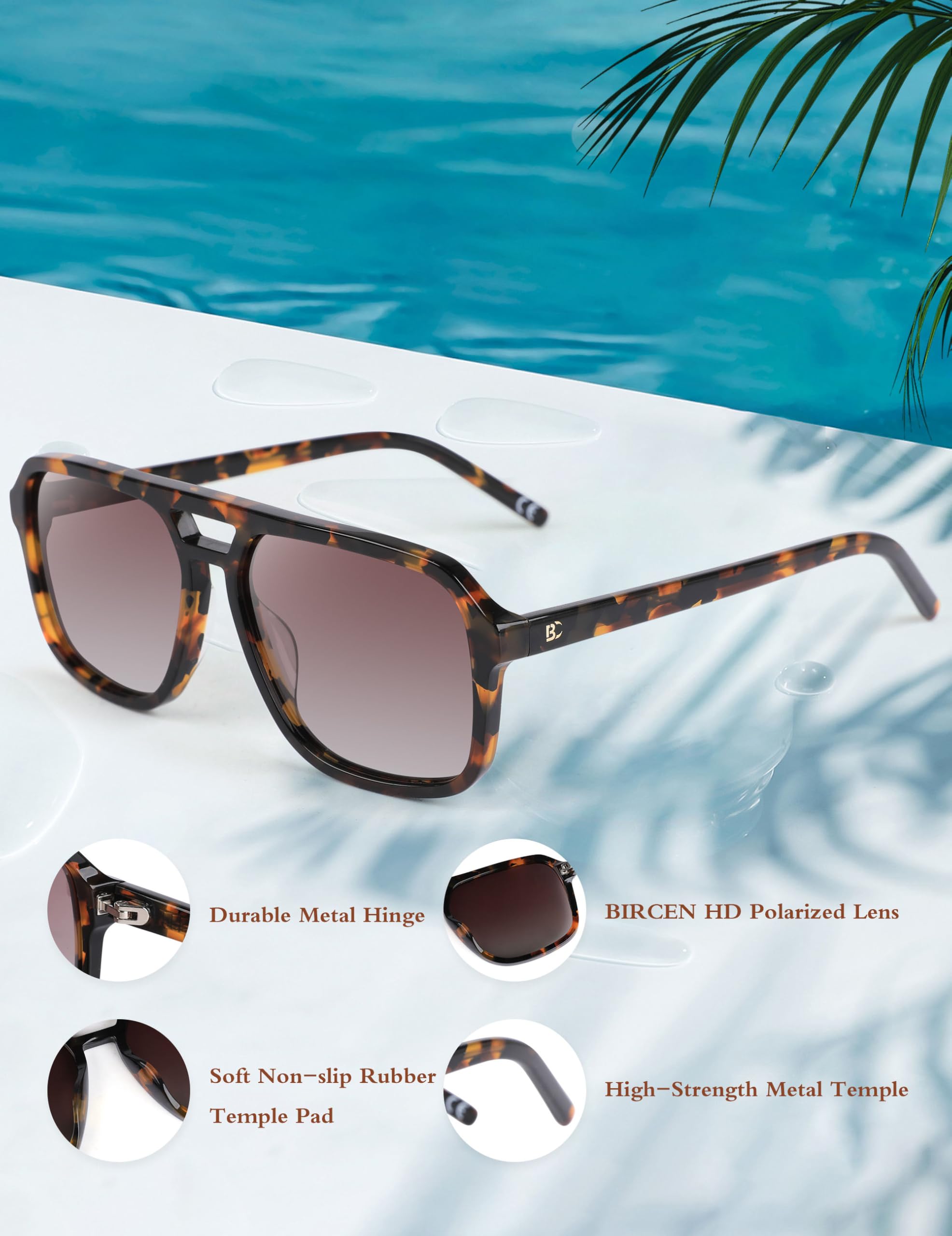 BIRCEN Women Polarized Acetate Sunglasses: Fashion Square Aviator Shades UV Protection for Trendy Laides Travel Beach Outdoor