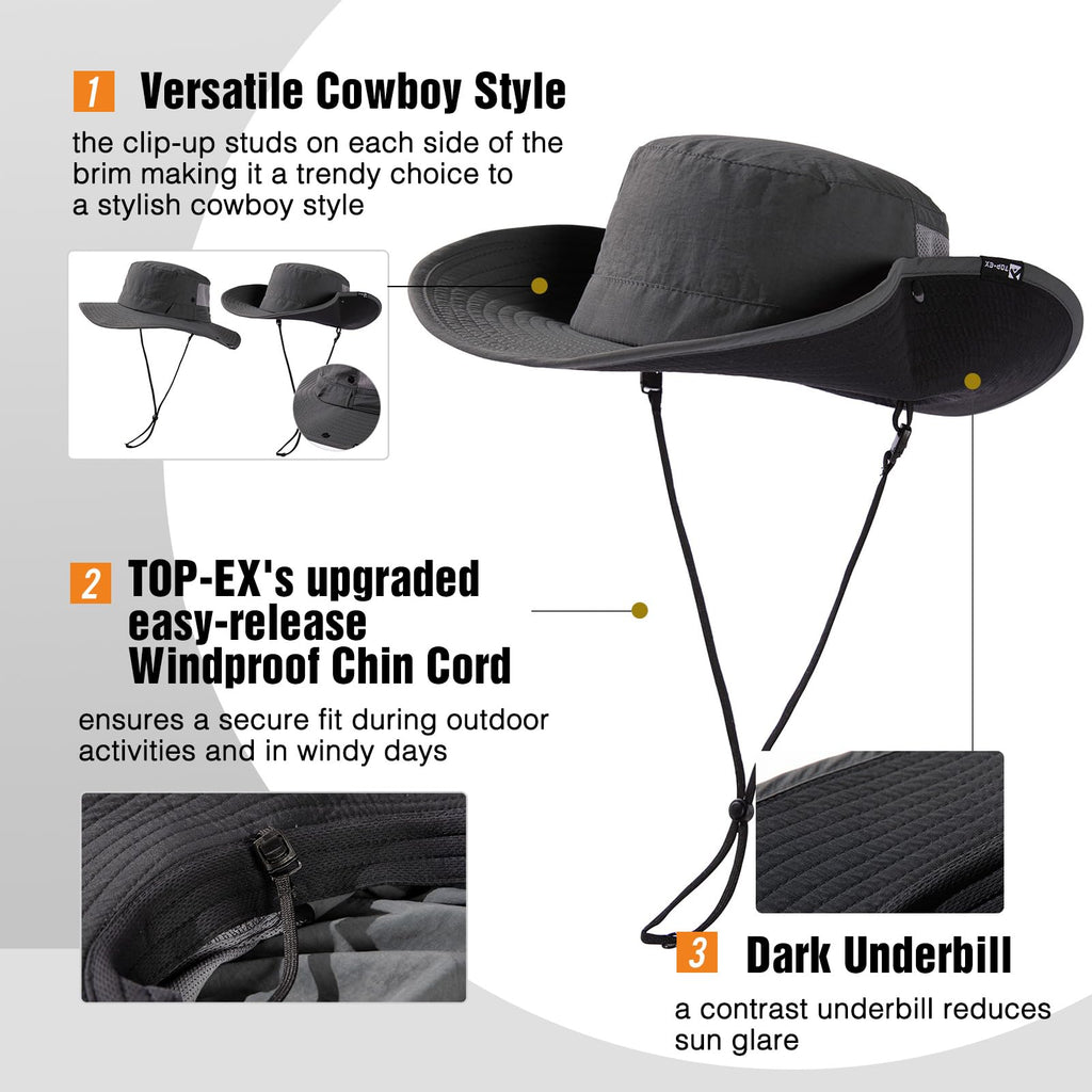 TOP-EX L/XL/XXL UV50+ Waterproof Wide Brim Bucket Sun Hat for Summer Fishing Hiking w/Detachable Strap & Vented Mesh