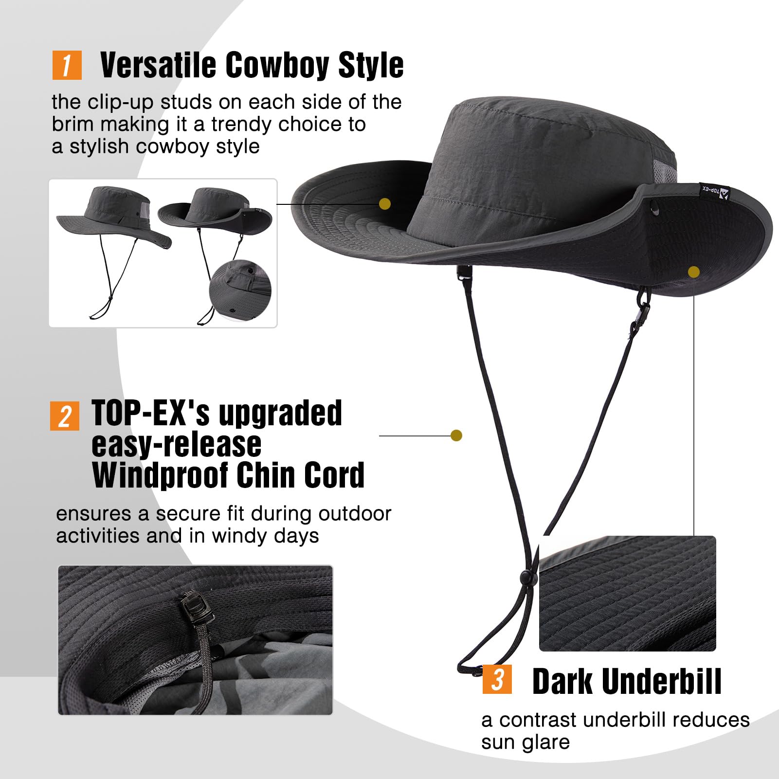 TOP-EX L/XL/XXL UV50+ Waterproof Wide Brim Bucket Sun Hat for Summer Fishing Hiking w/Detachable Strap & Vented Mesh