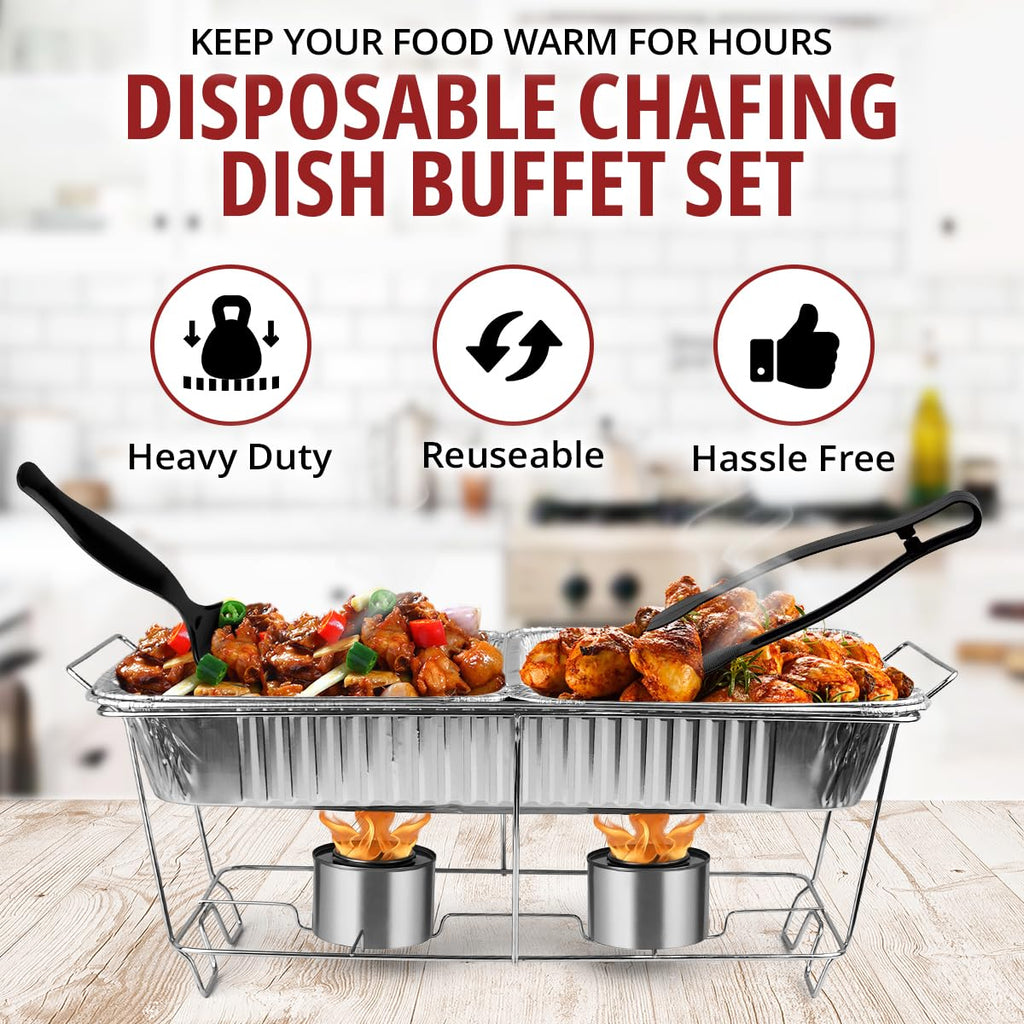Disposable Chafing Dish Buffet Set, 33 Piece of Chafing Servers with Food Warmers, Covers, Half-Size Food Pans, Water Trays, Serving Utensils, Foil Lids and 4Hr Fuel Cans for Parties, Catering