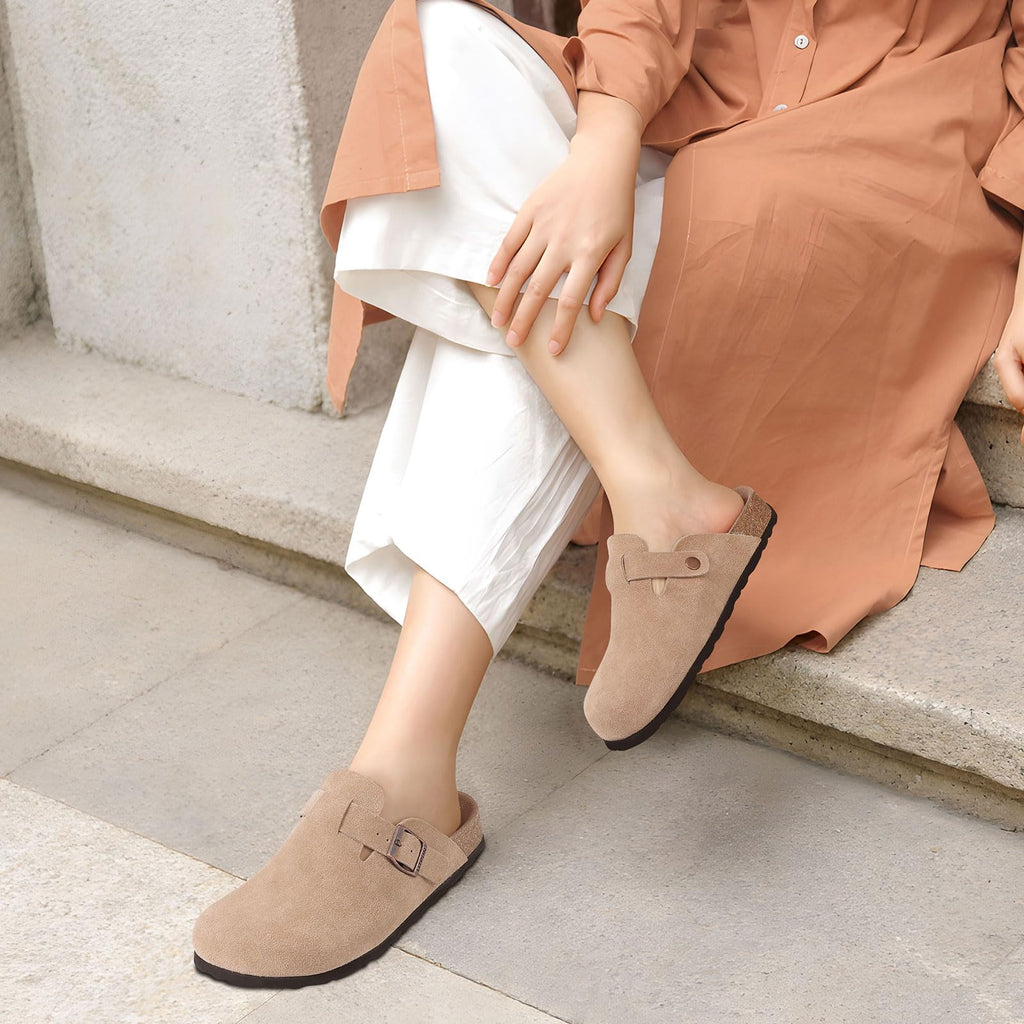 Litfun Women's Genuine Suede Clogs Soft Footbed Leather Potato Shoes Comfort Slip On Clogs with Arch Support