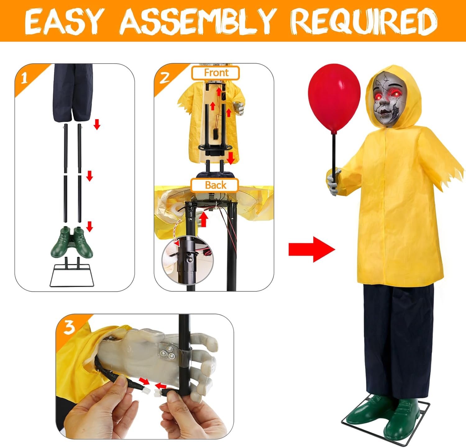 Halloween Decorations Outdoor, 4 Ft Life Size Animatronics Prop with Glowing Balloon, Sound-Activated Sensor, Scary Decor for Home Party Indoor Outside Garden Lawn Grave Yard