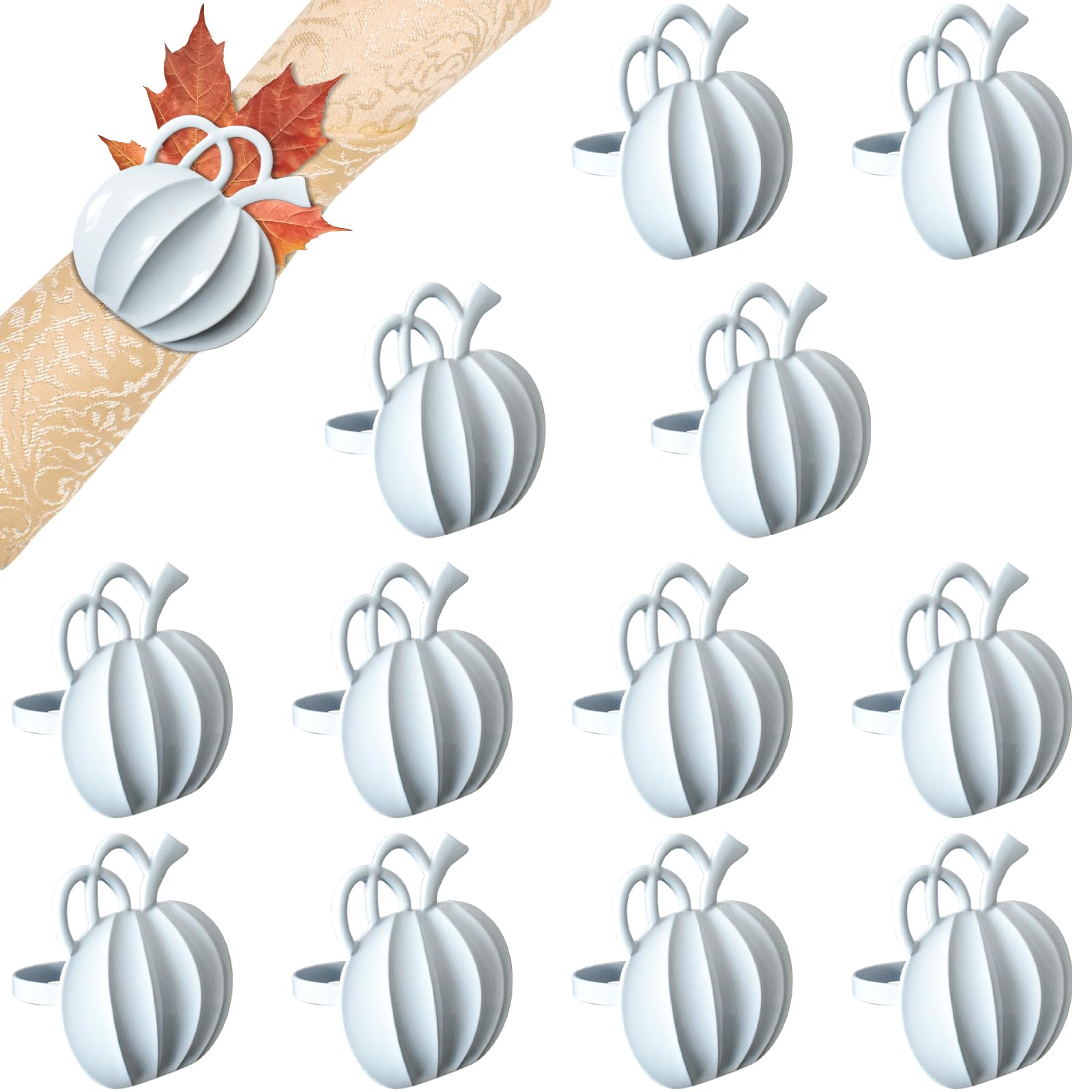 Halatool Set of 12 Thanksgiving Napkin Rings- Fall Harvest Rustic Pumpkin Napkin Holder, Alloy Dinner Tables Napkin Ring Decoration for Thanksgiving Halloween Holidays Gathering Party (Silver)