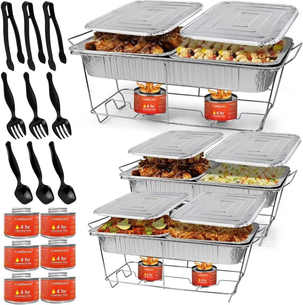 Disposable Chafing Dish Buffet Set, 33 Piece of Chafing Servers with Food Warmers, Covers, Half-Size Food Pans, Water Trays, Serving Utensils, Foil Lids and 4Hr Fuel Cans for Parties, Catering
