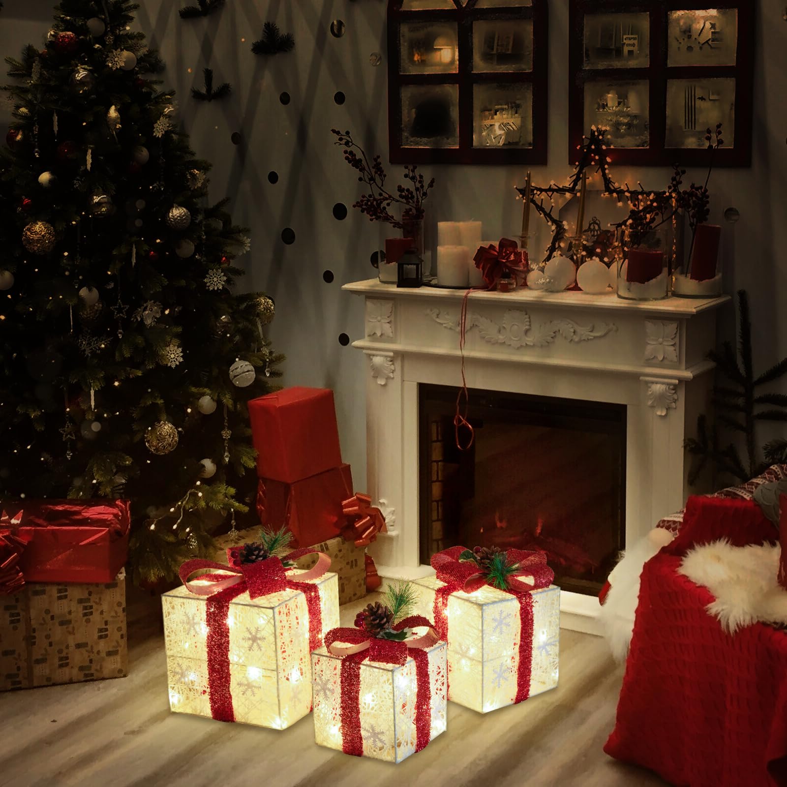 Christmas Decorations, Set of 3 Christmas Lighted Gift Boxes, Battery Operated Xmas Present Boxes, Warm White LED with Bows for Indoor Christmas Tree, Yard, Home Decor