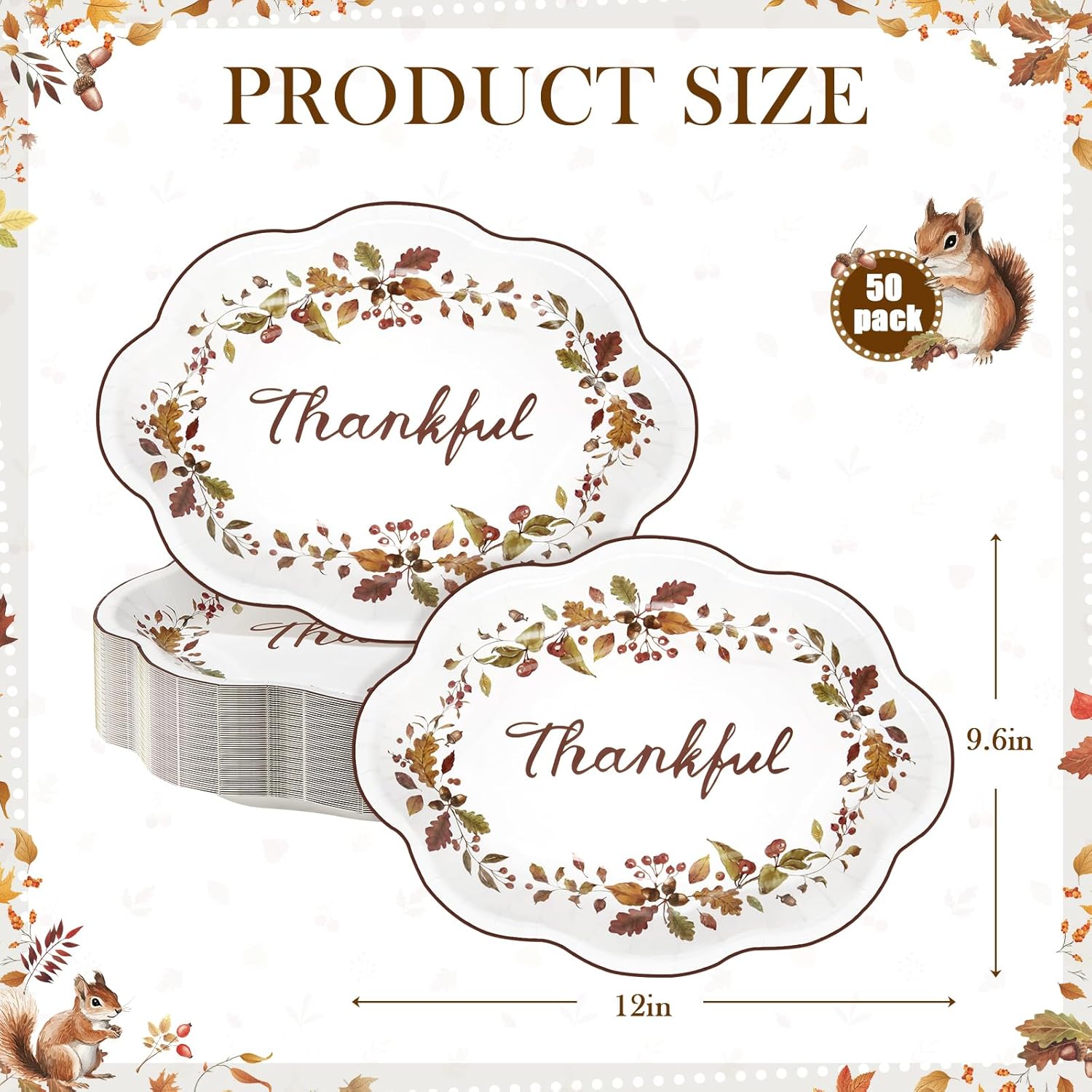 50 Pcs Thanksgiving Leaves Oval Paper Plates 9.6"x12"Autumn Berry Heavy Duty Party Plates Fall Maple Large Disposable Plates for Fall Harvest Give Thanks Party Supply