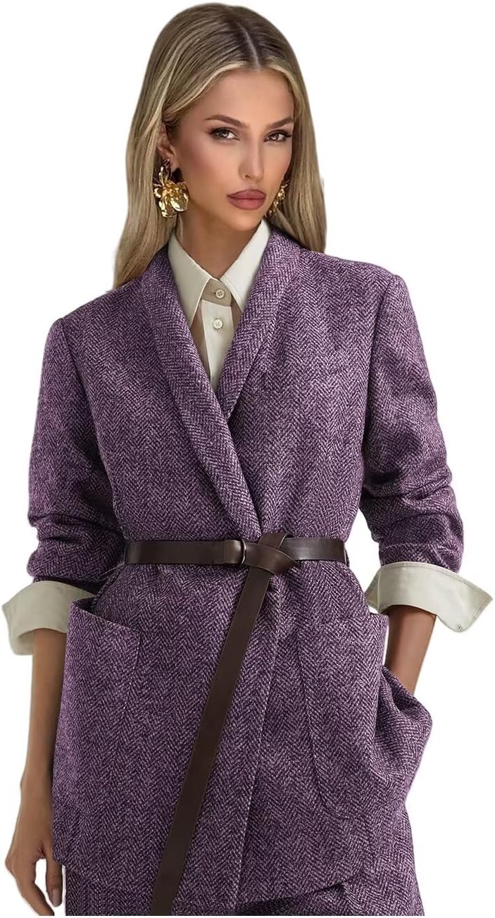 Tweed Suits for Women Dressy 2 Piece Herringbone Blazer and Pants with Belt Shawl Lapel Business Casual Outfits