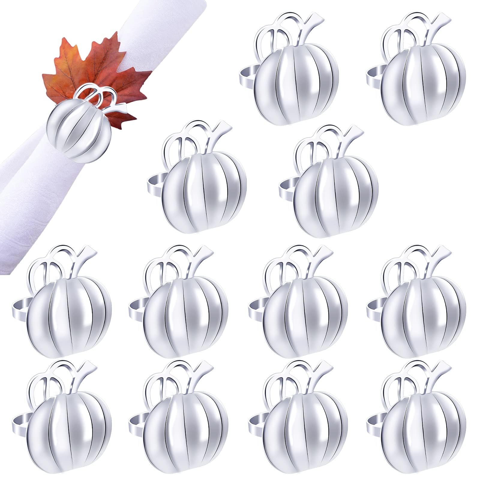 Halatool Set of 12 Thanksgiving Napkin Rings- Fall Harvest Rustic Pumpkin Napkin Holder, Alloy Dinner Tables Napkin Ring Decoration for Thanksgiving Halloween Holidays Gathering Party (Silver)