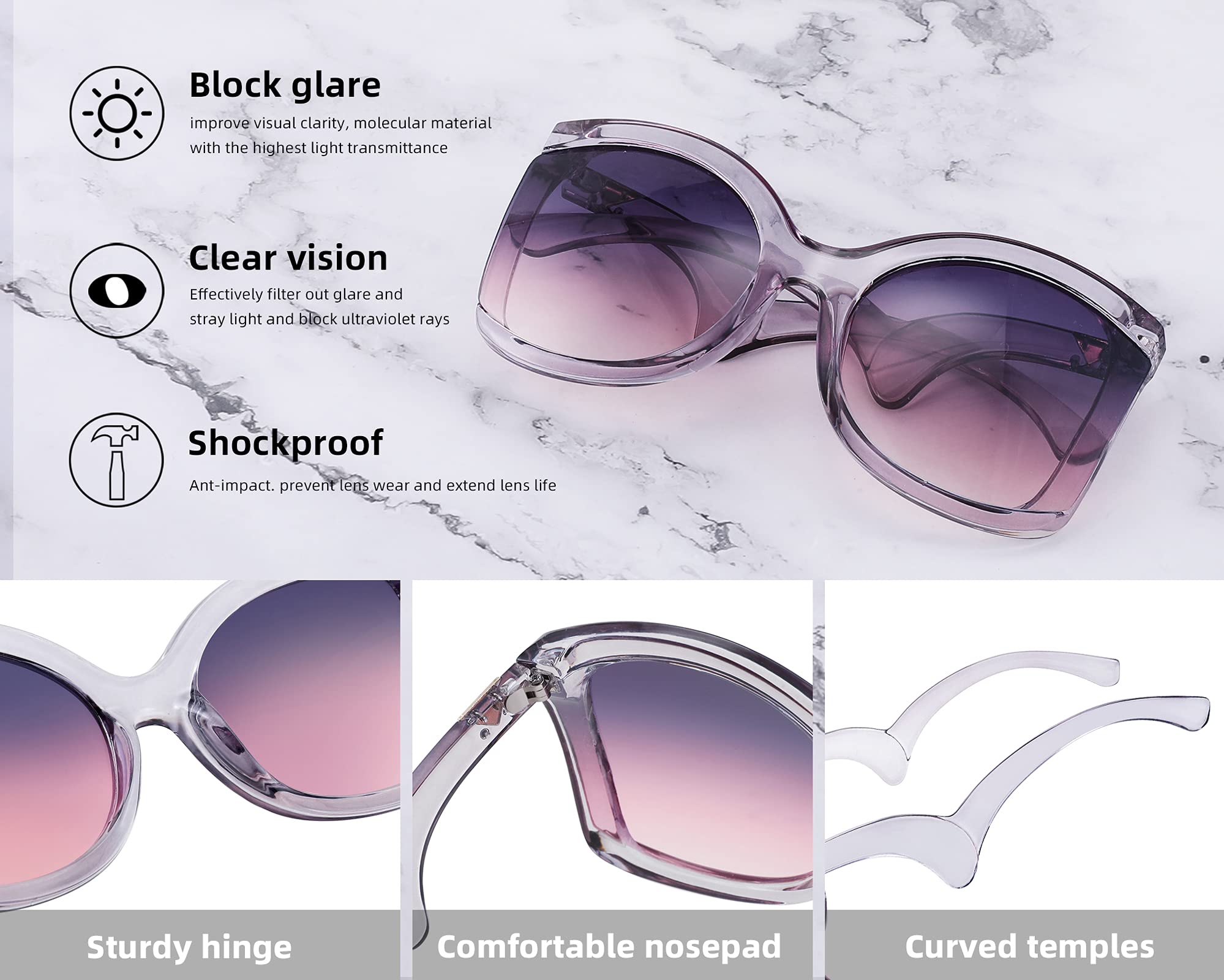 FEISEDY Oversized Square Butterfly Sunglasses Curved Curly Arm Frame Women's Fashion Shades B4035