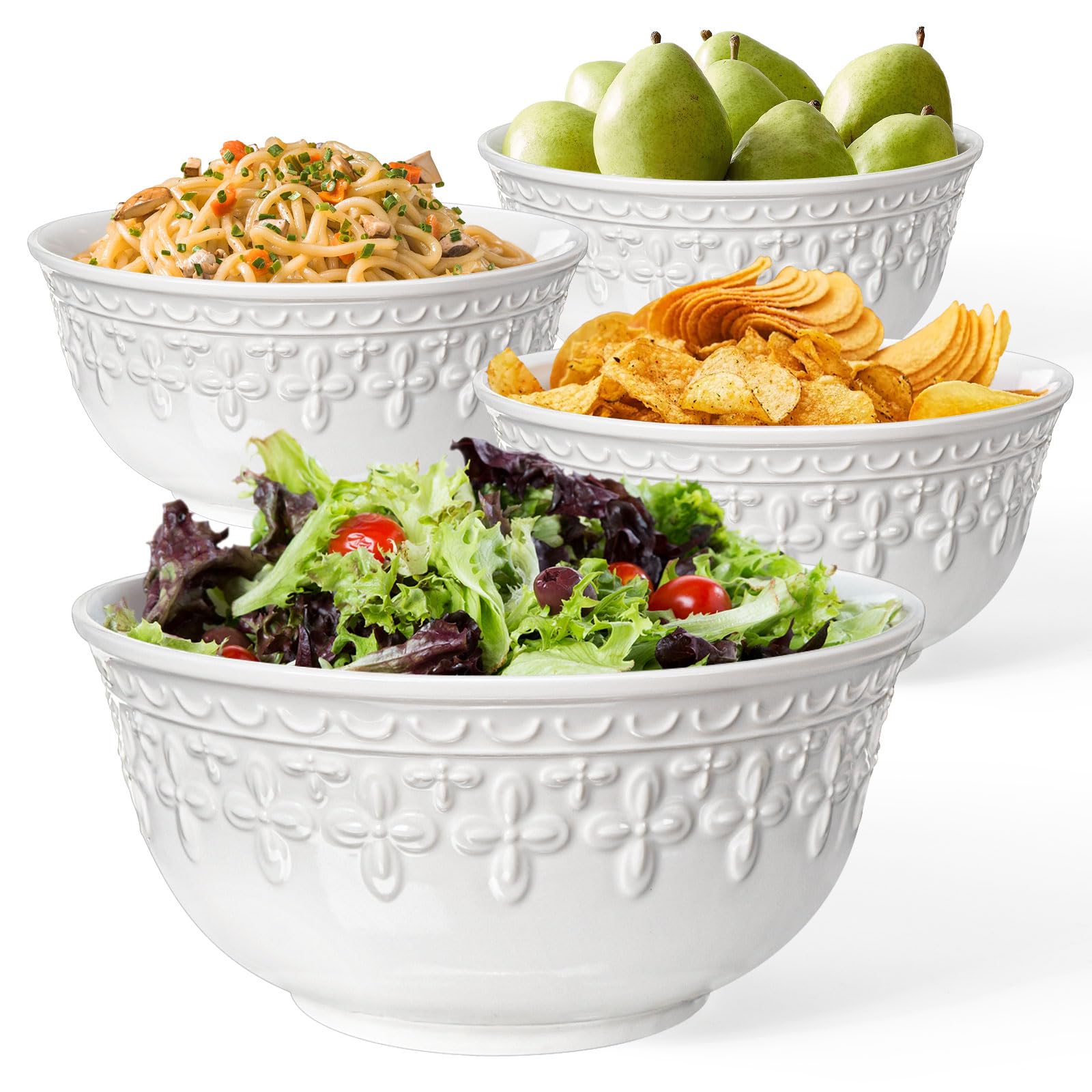 Large Salad Bowls Set of 4, 60oz White Serving Bowls Deep Deep Embossed Ceramic Mixing Bowl for Soup Kitchen, Eating, Ramen, Pasta, Dishwasher & Microwave Safe 8 inch (Multiple Patterns)